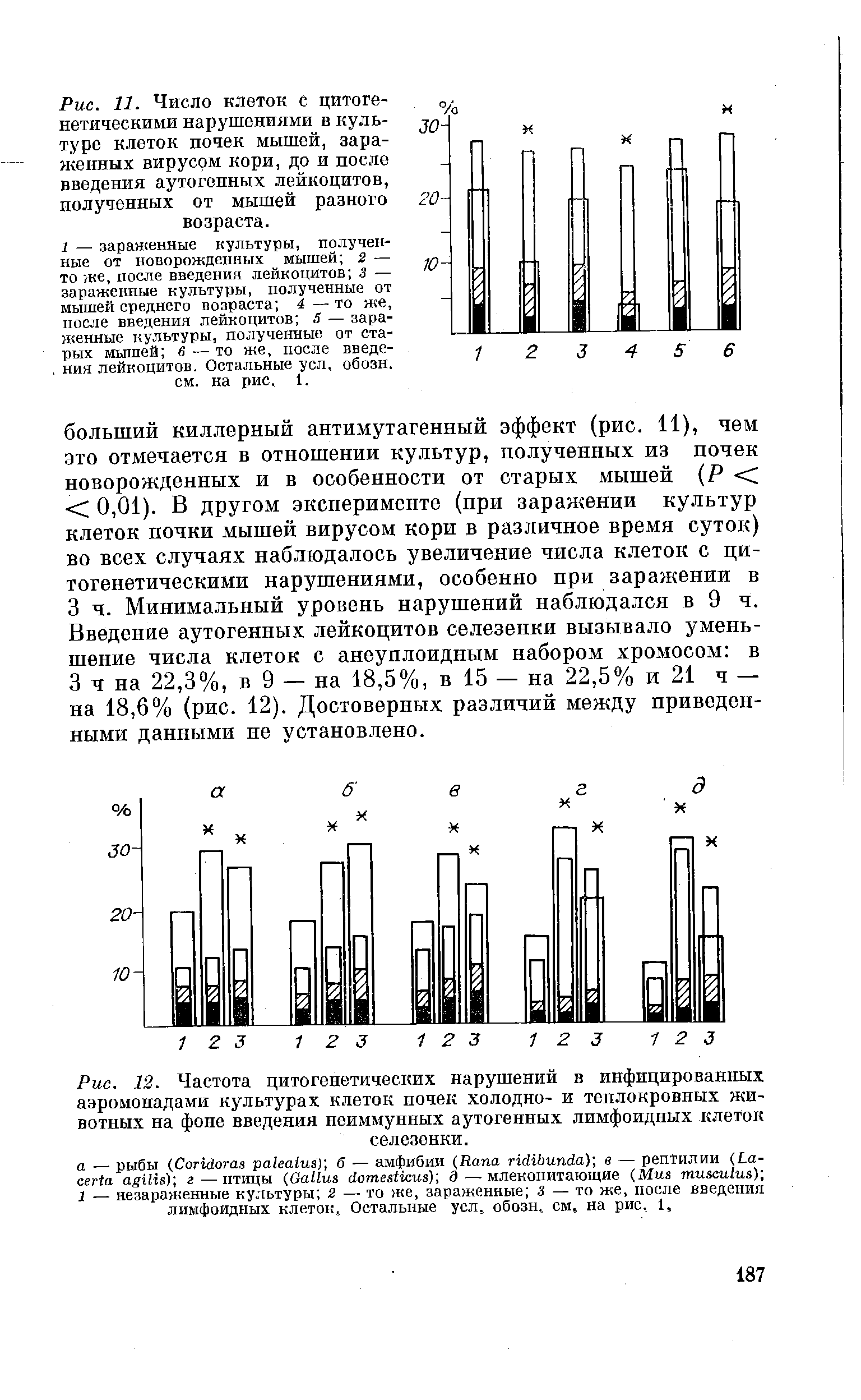 Рис. 12. Частота цитогенетических нарушений в инфицированных аэромонадами культурах клеток почек холодно- и теплокровных животных на фоне введения неиммунных аутогенных лимфоидных клеток селезенки.