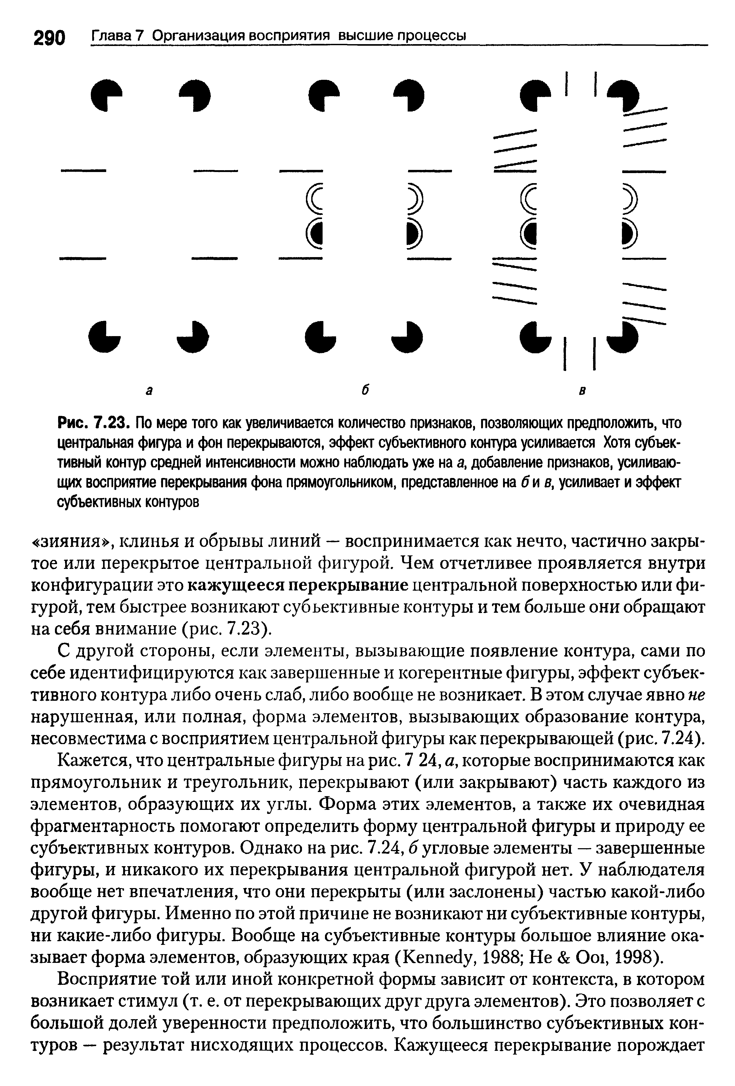 Рис. 7.23. По мере того как увеличивается количество признаков, позволяющих предположить, что центральная фигура и фон перекрываются, эффект субъективного контура усиливается Хотя субъективный контур средней интенсивности можно наблюдать уже на а, добавление признаков, усиливающих восприятие перекрывания фона прямоугольником, представленное на б и в, усиливает и эффект субъективных контуров...