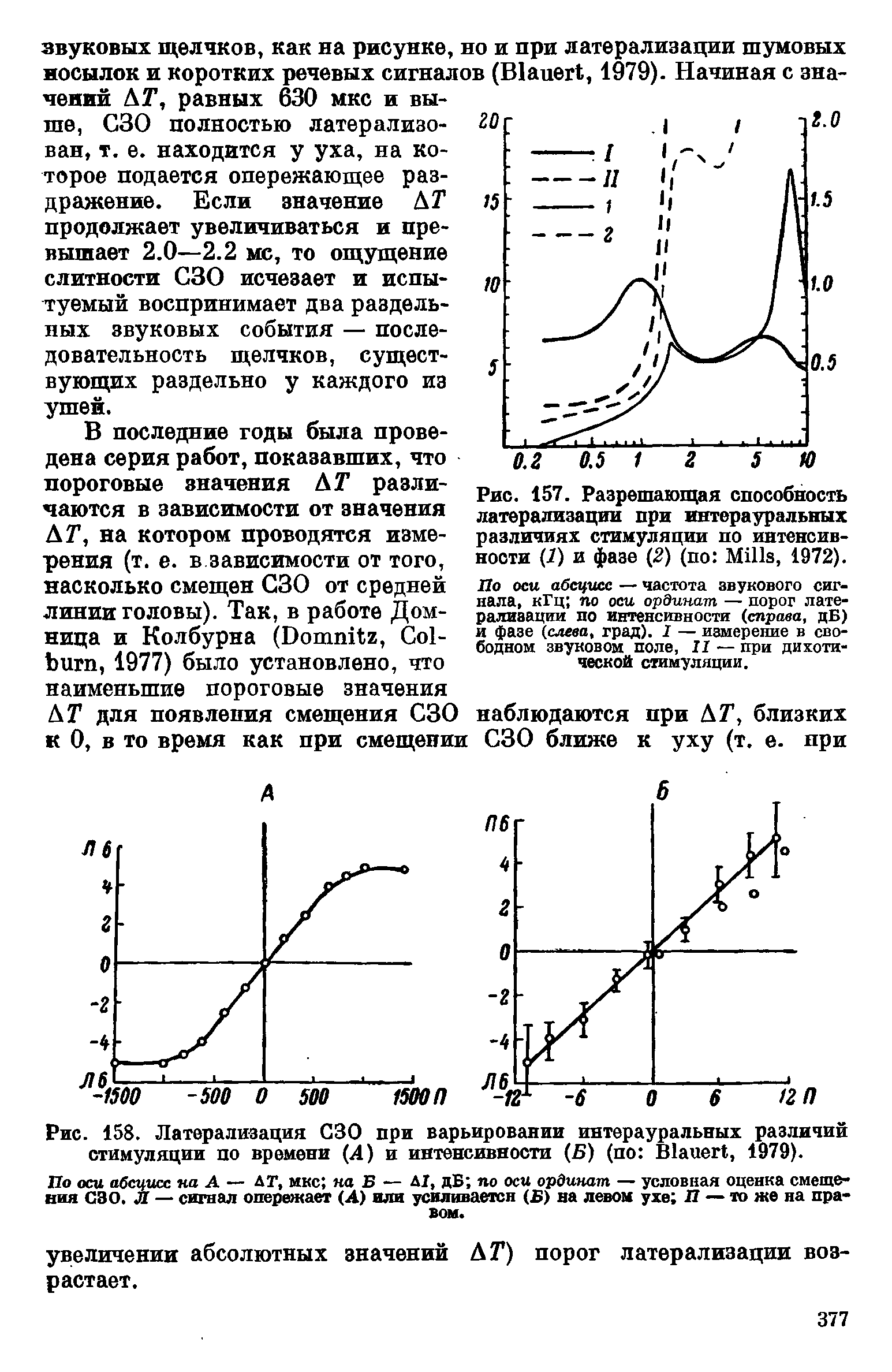 Рис. 157. Разрешающая способность латерализации при интерауральных различиях стимуляции по интенсивности (7) и фазе (2) (по M , 1972).