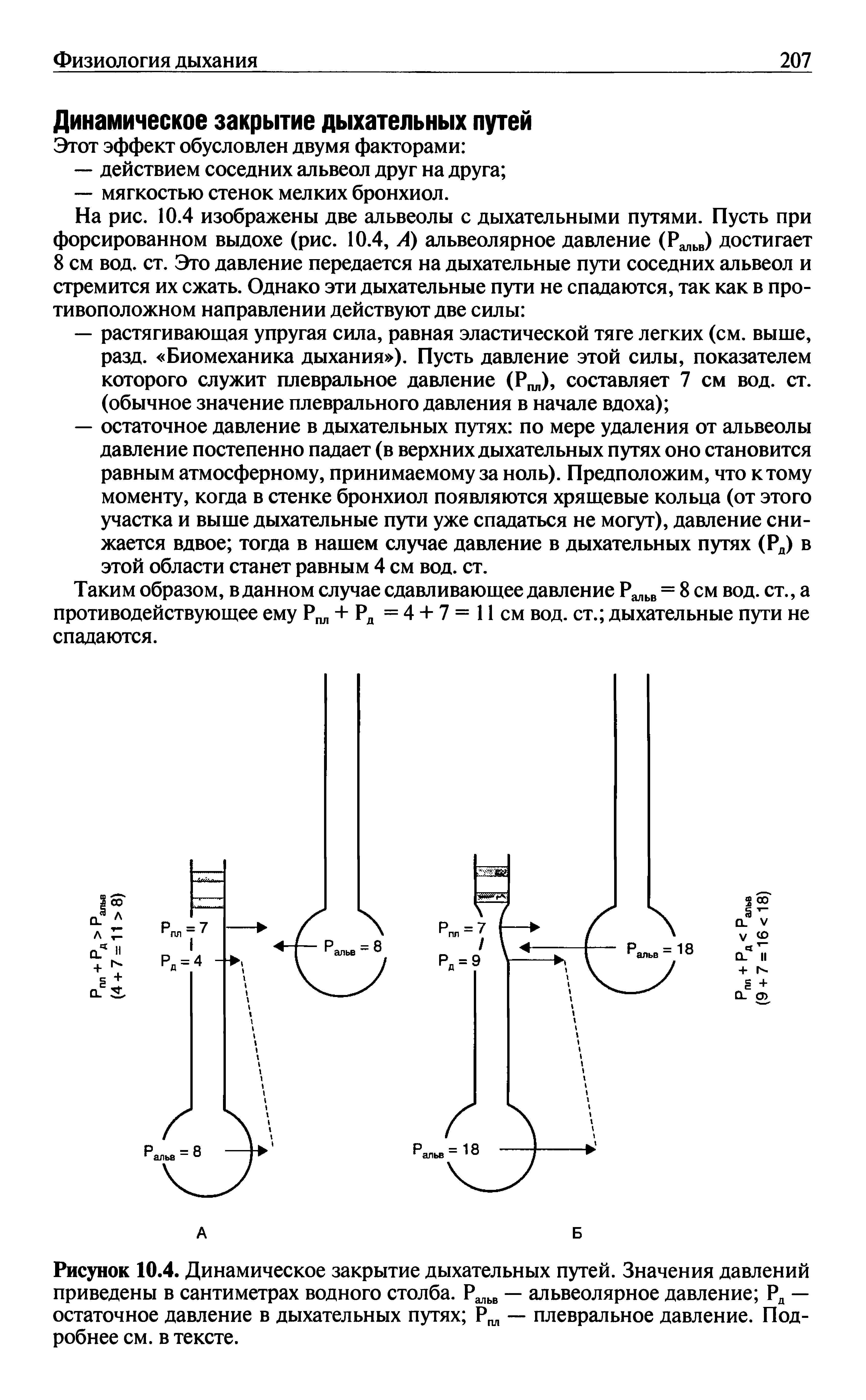 Рисунок 10.4. Динамическое закрытие дыхательных путей. Значения давлений приведены в сантиметрах водного столба. Р — альвеолярное давление Рд — остаточное давление в дыхательных путях Р — плевральное давление. Подробнее см. в тексте.