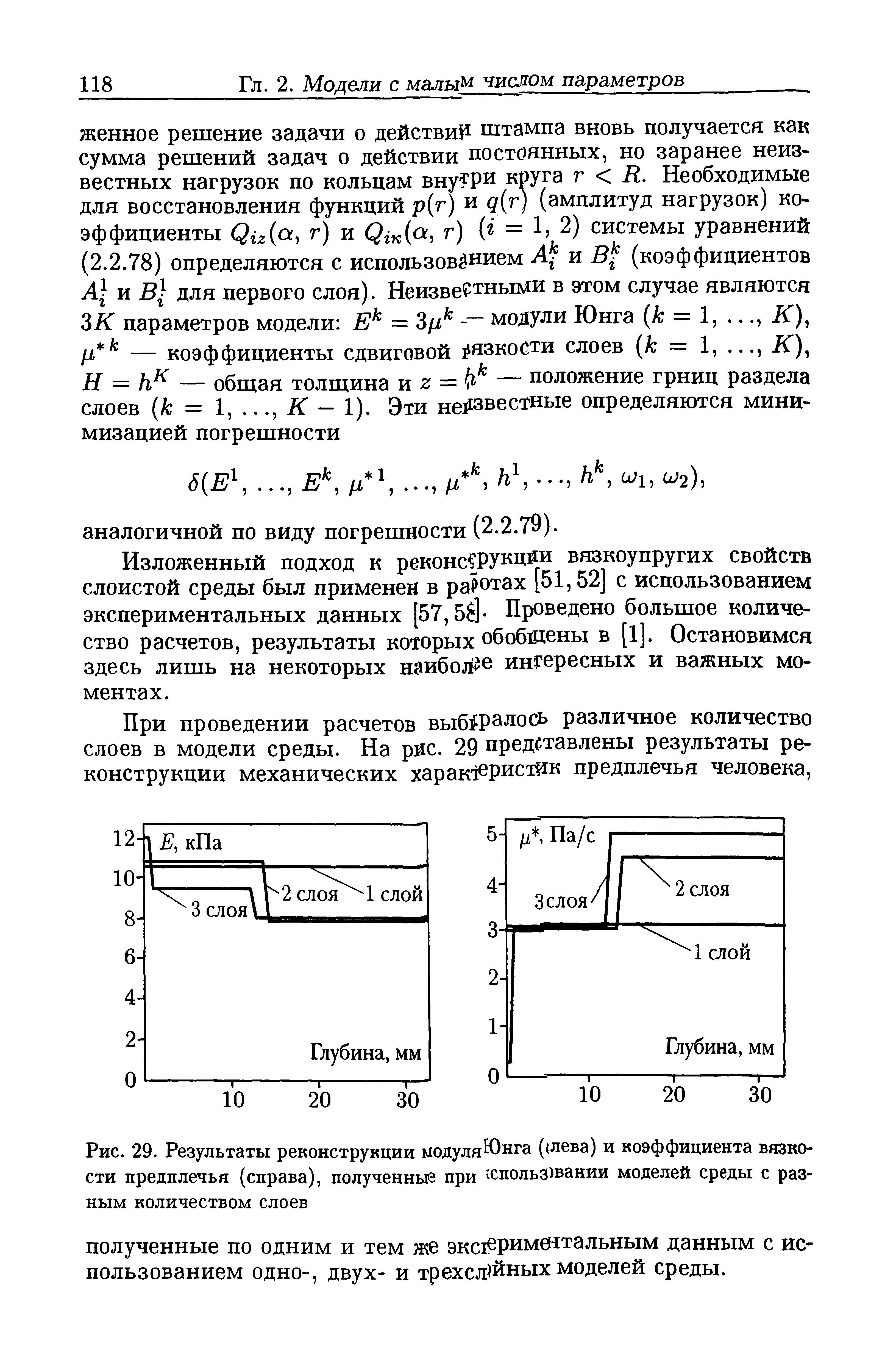 Рис. 29. Результаты реконструкции модуляЮнга ( лева) и коэффициента вязкости предплечья (справа), полученные при спольЗ>вании моделей среды с разным количеством слоев...