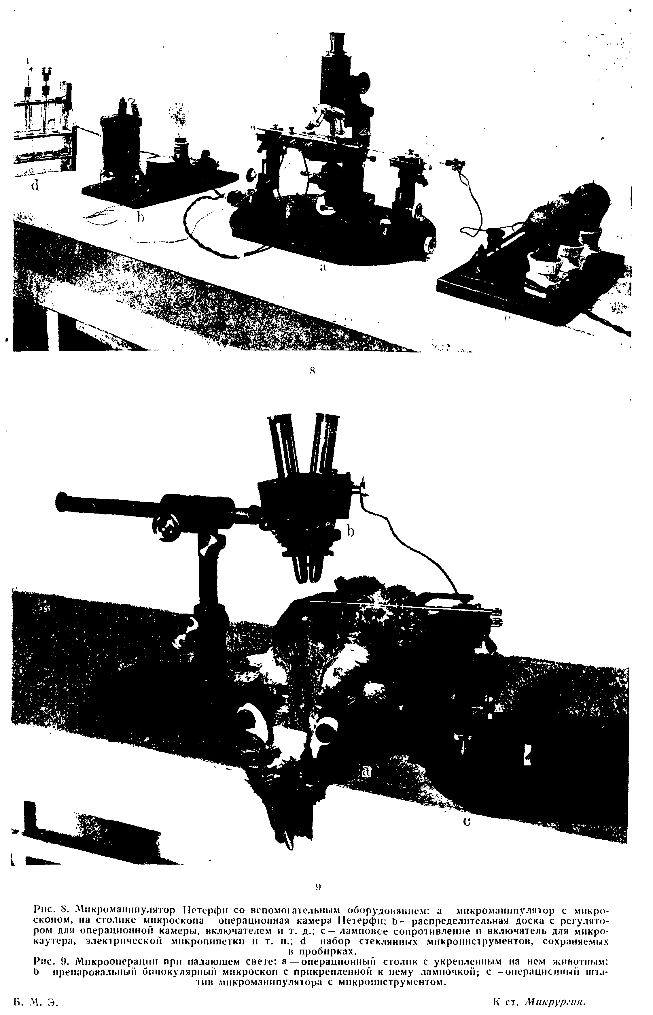 Рис. 9. Микрооперации при падающем свете а—операционный столик с укрепленным на нем животным Ь препаровальный бинокулярный микроскоп с прикрепленной к нему лампочкой с -операционный штатив микроманипулятора с микроинструментом.