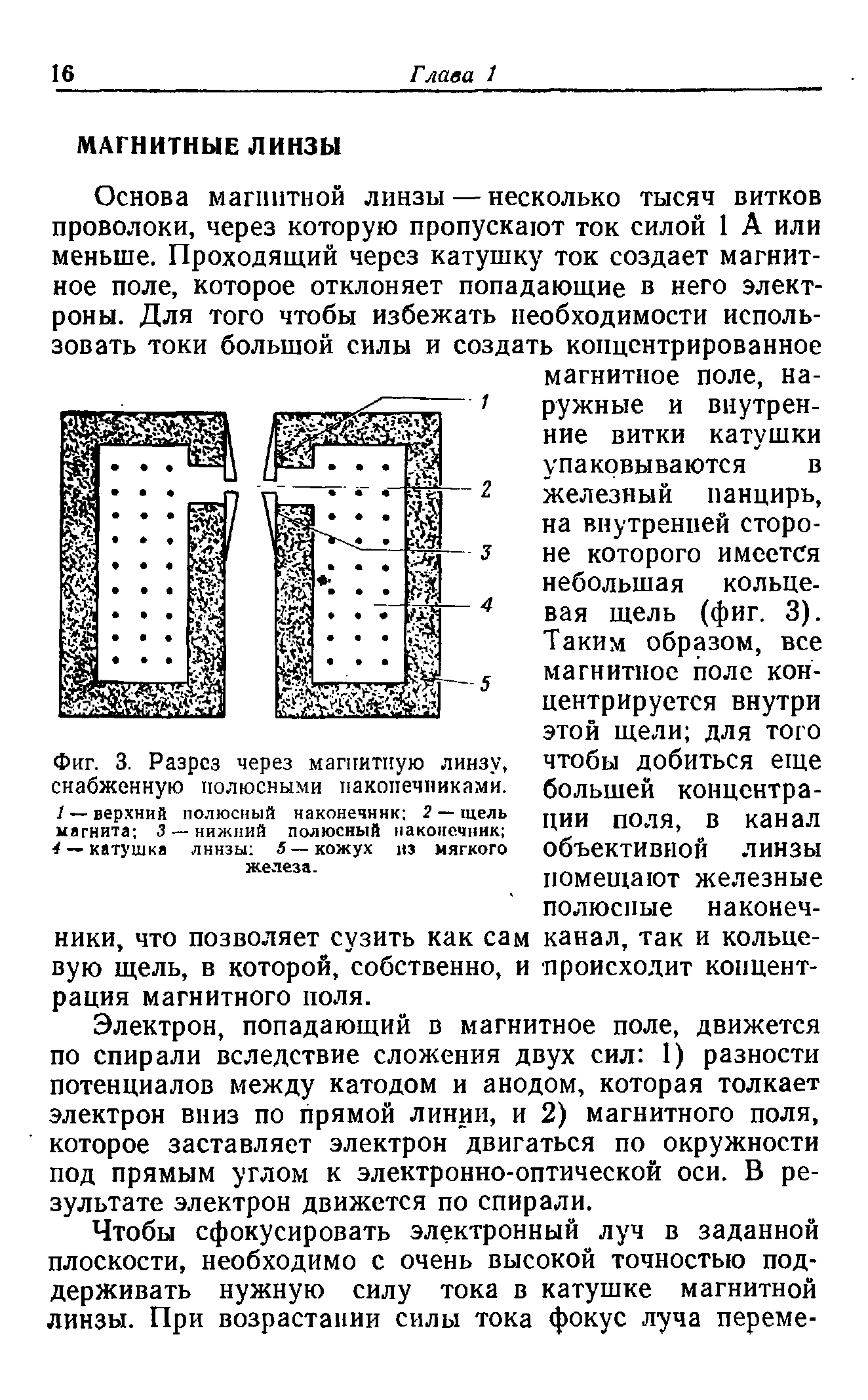 Фиг. 3. Разрез через магнитную линзу, снабженную полюсными наконечниками. I — верхний полюсный наконечник 2 — щель магнита 3 — нижний полюсный наконечник 4— катушка линзы 5—кожух из мягкого железа.