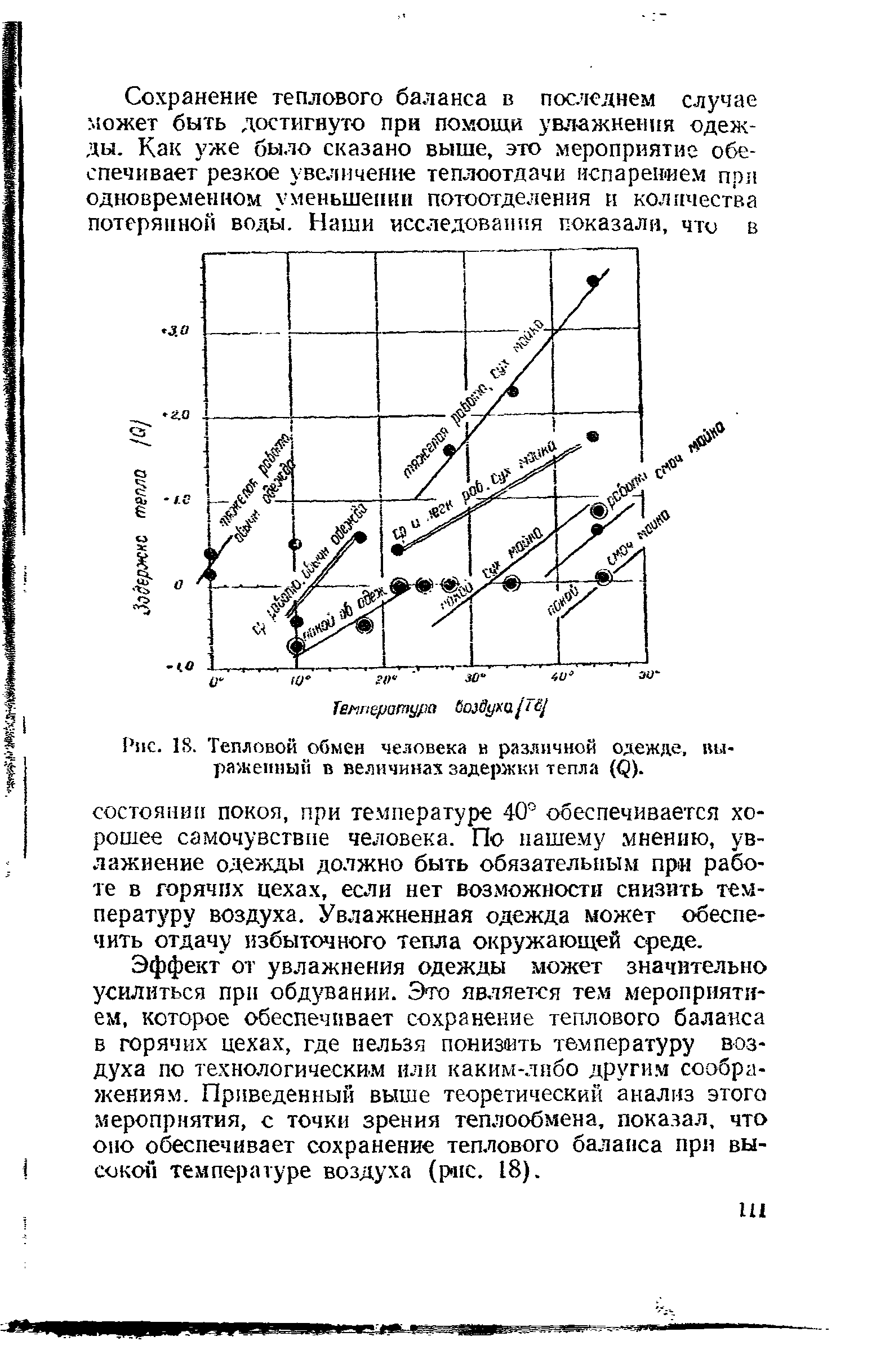 Рис. 18. Тепловой обмен человека в различной одежде, выраженный в величинах задержки тепла (< )-...