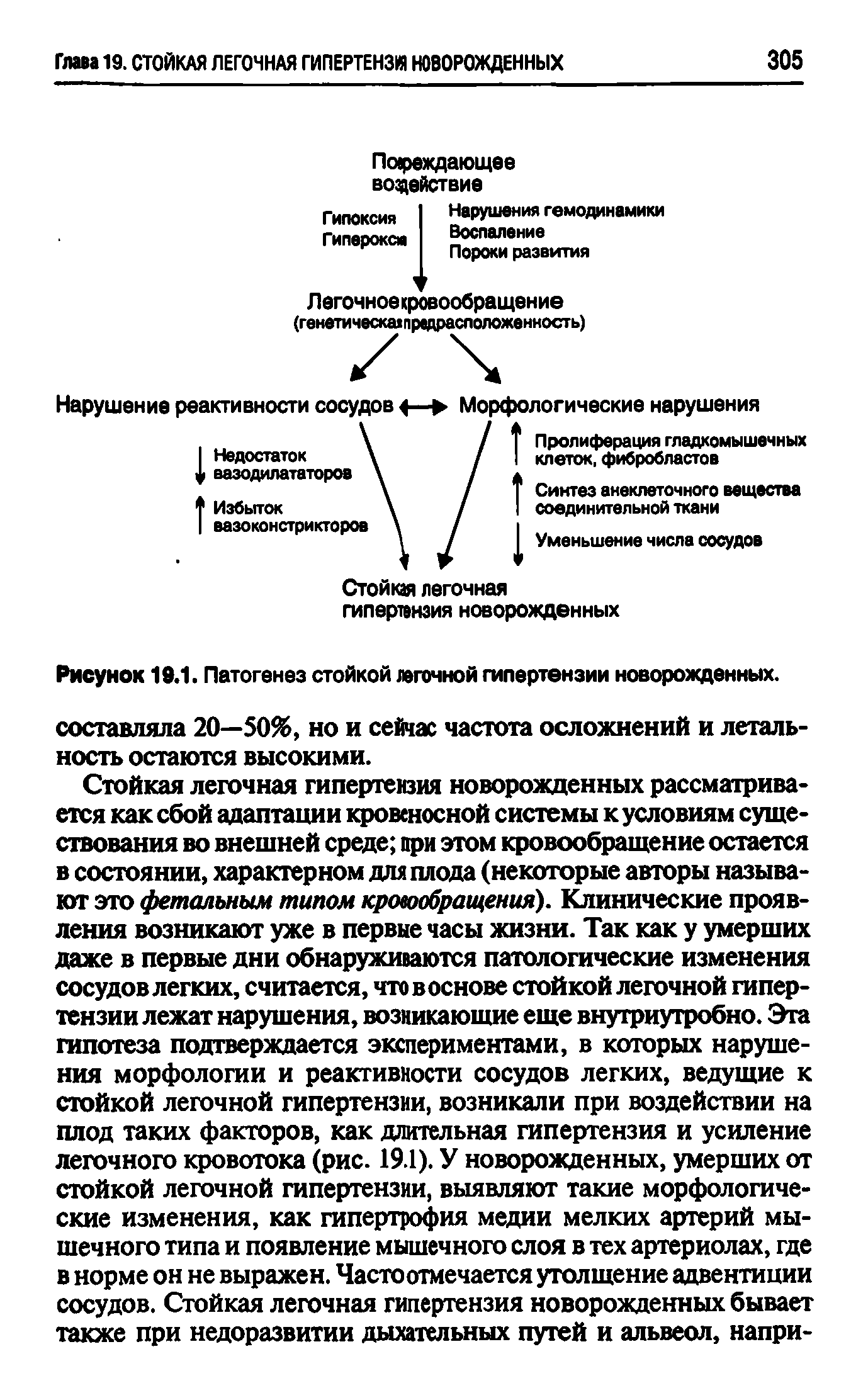 Рисунок 19.1. Патогенез стойкой легочной гипертензии новорожденных, составляла 20—50%, но и сейчас частота осложнений и летальность остаются высокими.