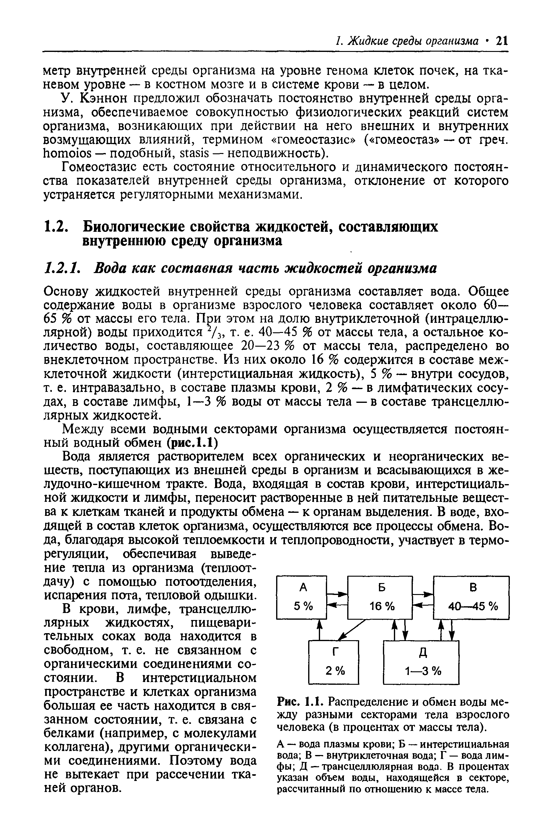 Рис. 1.1. Распределение и обмен воды между разными секторами тела взрослого человека (в процентах от массы тела).