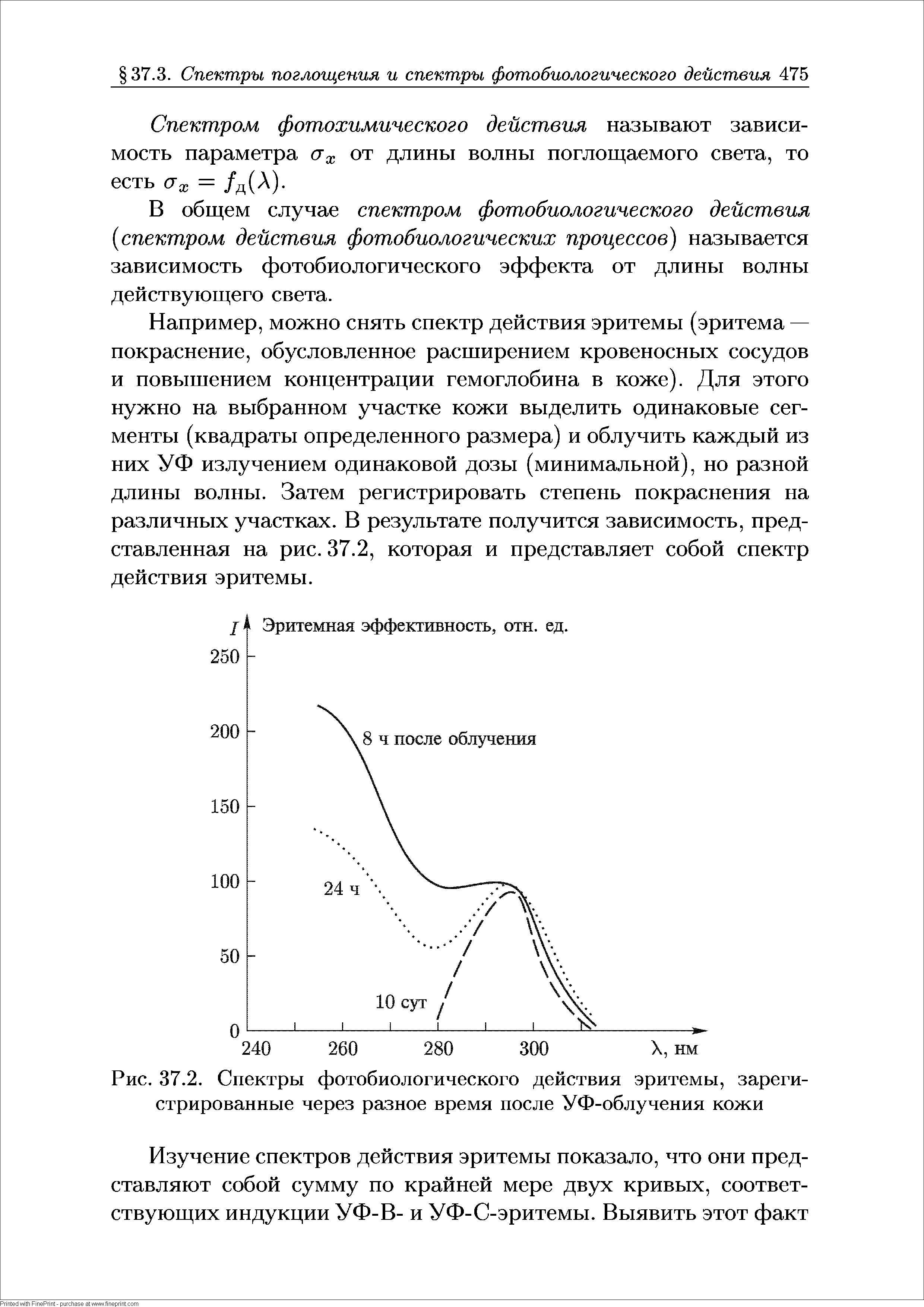 Рис. 37.2. Спектры фотобиологического действия эритемы, зарегистрированные через разное время после УФ-облучения кожи...