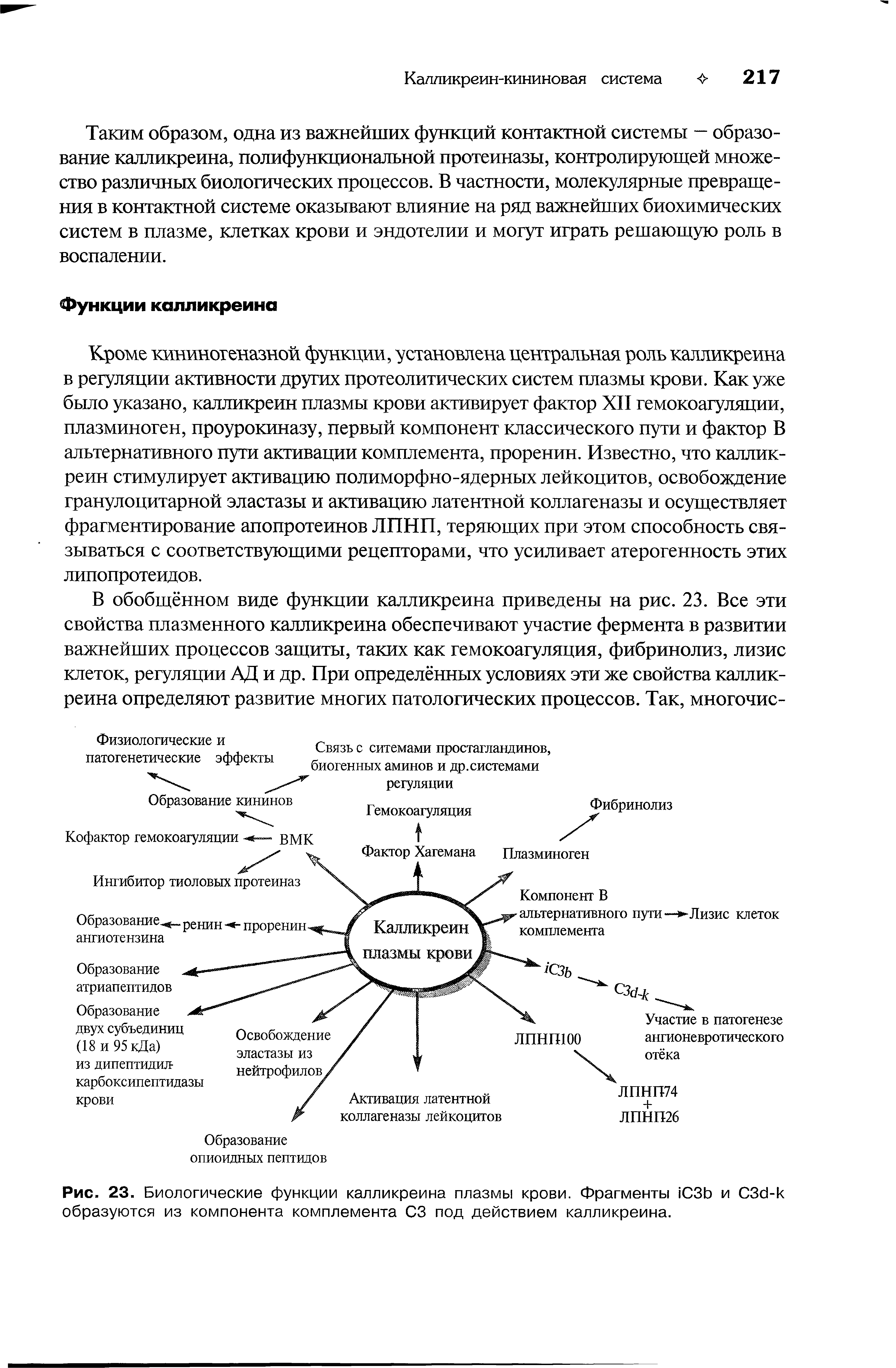 Рис. 23. Биологические функции калликреина плазмы крови. Фрагменты СЗЬ и С3с1-к образуются из компонента комплемента СЗ под действием калликреина.