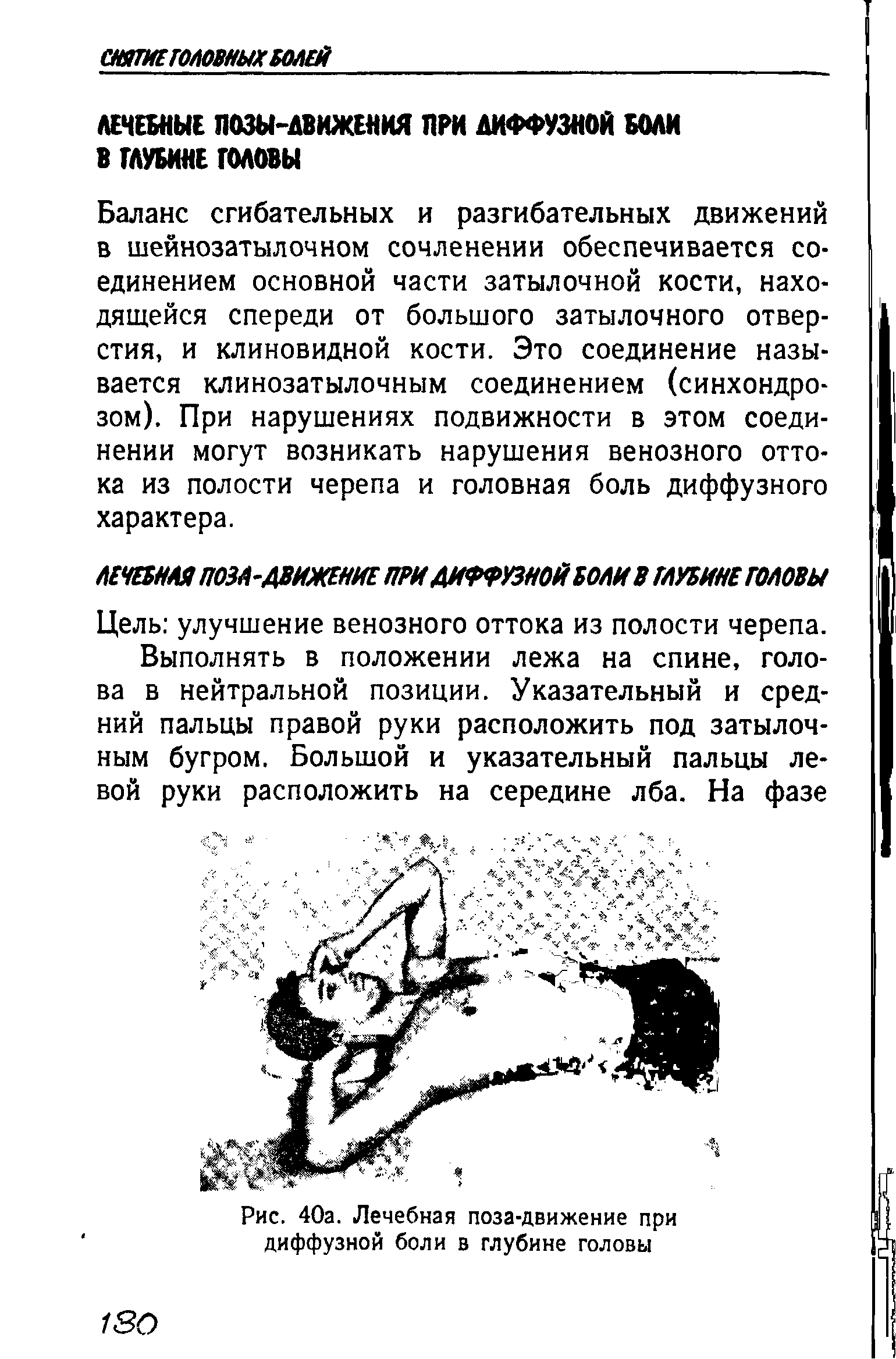 Рис. 40а. Лечебная поза-движение при диффузной боли в глубине головы...