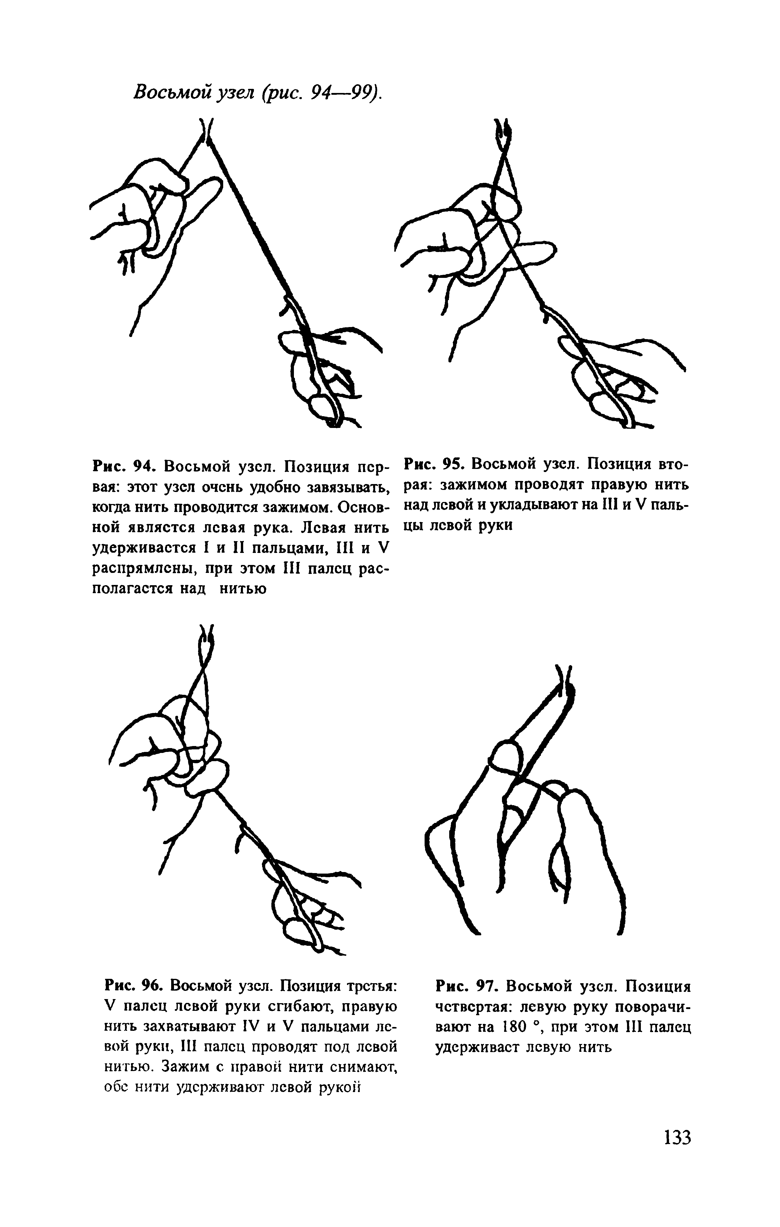 Рис. 95. Восьмой узел. Позиция вторая зажимом проводят правую нить над левой и укладывают на III и V пальцы левой руки...