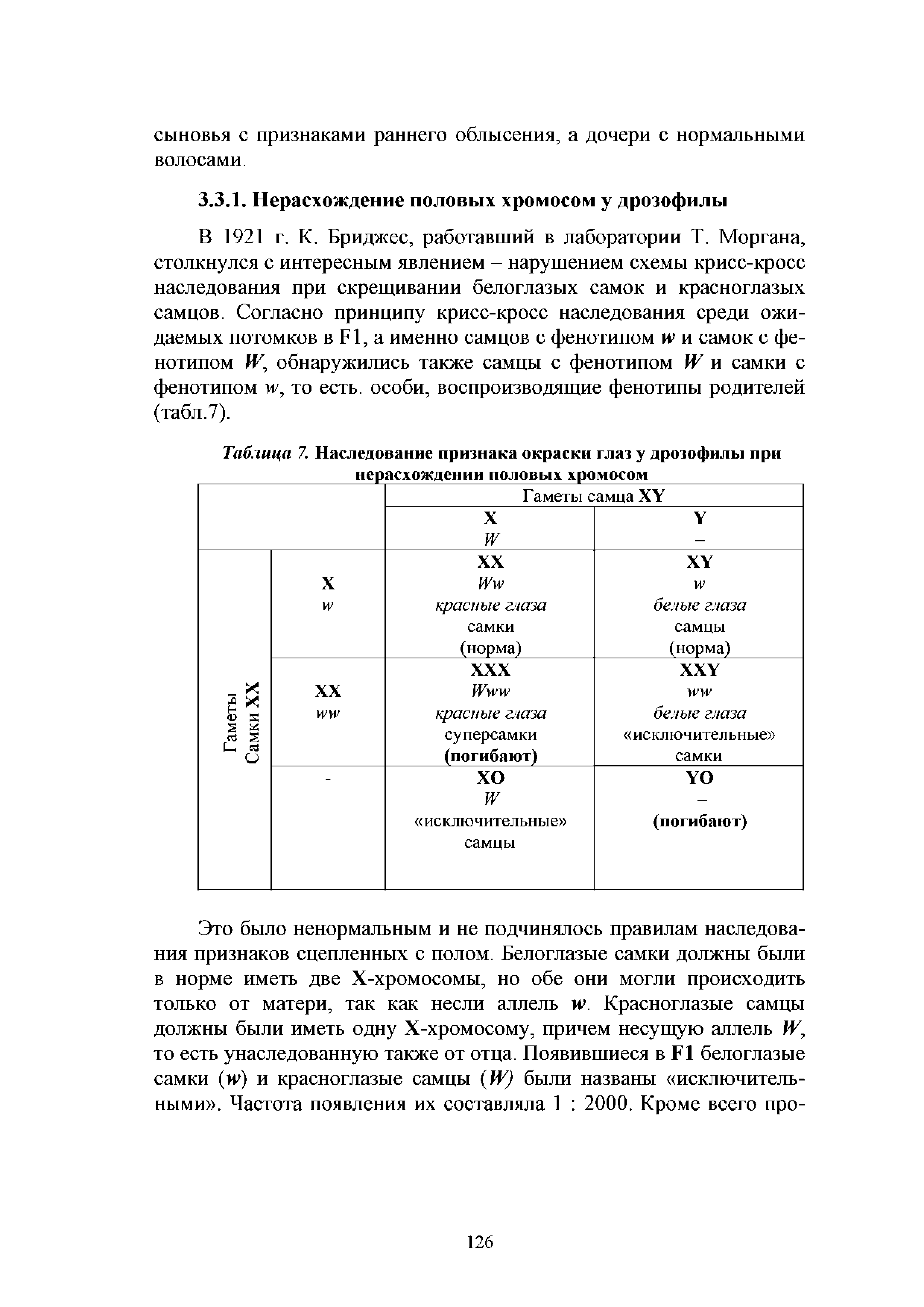 Таблица 7. Наследование признака окраски глаз у дрозофилы при нерасхождении половых хромосом...