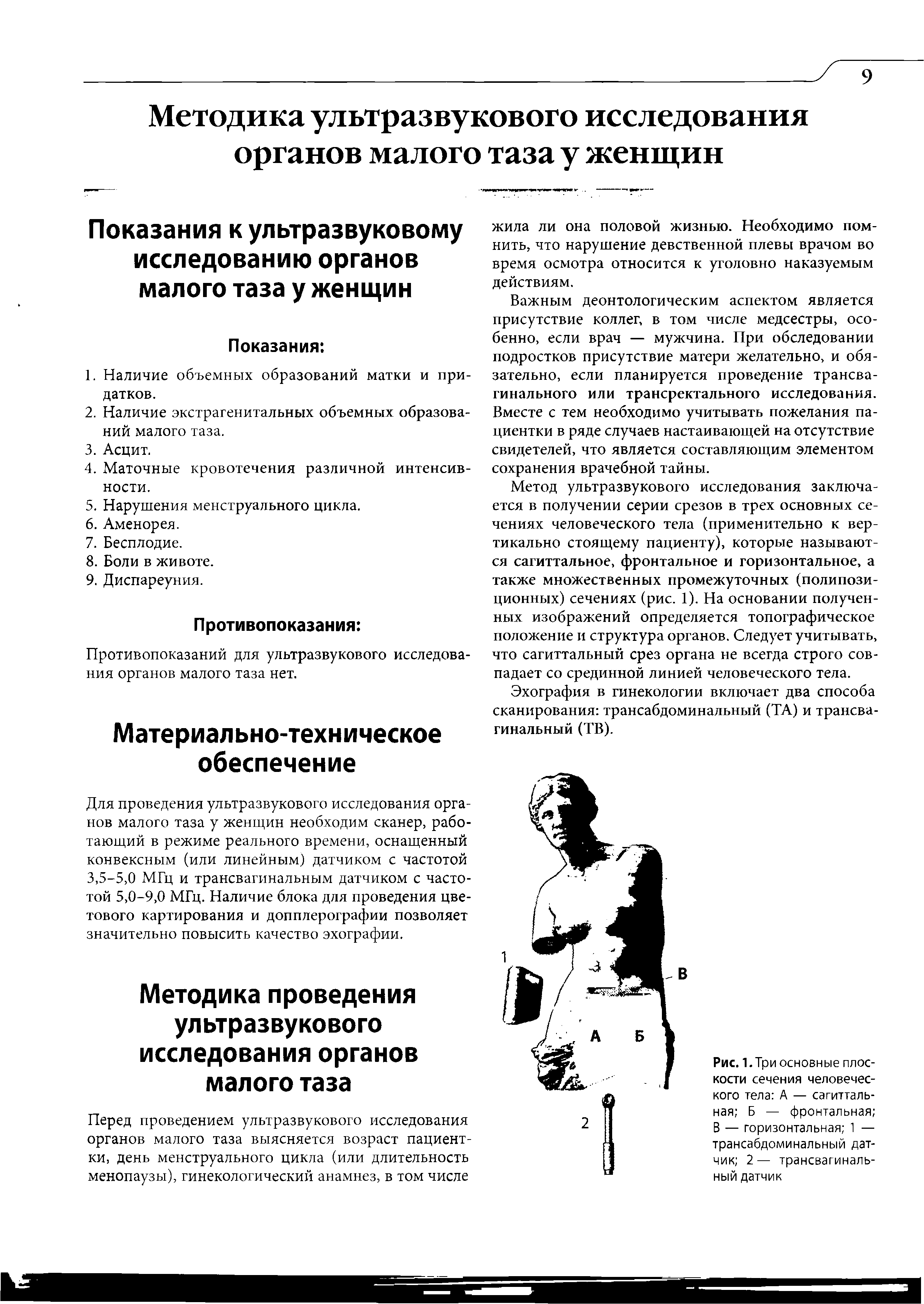 Рис. 1. Три основные плоскости сечения человеческого тела А — сагиттальная Б — фронтальная В — горизонтальная 1 — трансабдоминальный датчик 2— трансвагинальный датчик...