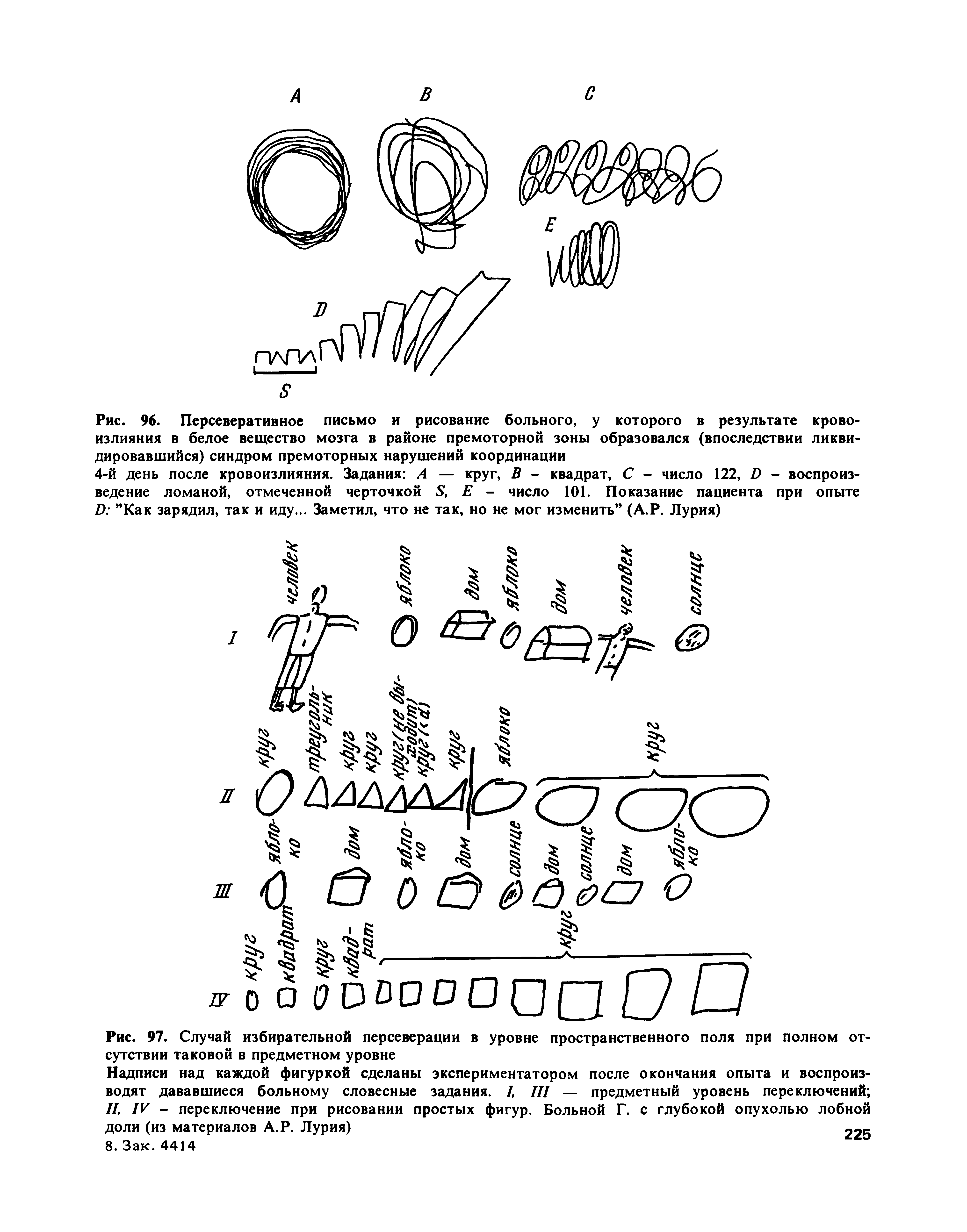 Рис. 96. Персеверативное письмо и рисование больного, у которого в результате кровоизлияния в белое вещество мозга в районе премоторной зоны образовался (впоследствии ликвидировавшийся) синдром премоторных нарушений координации...