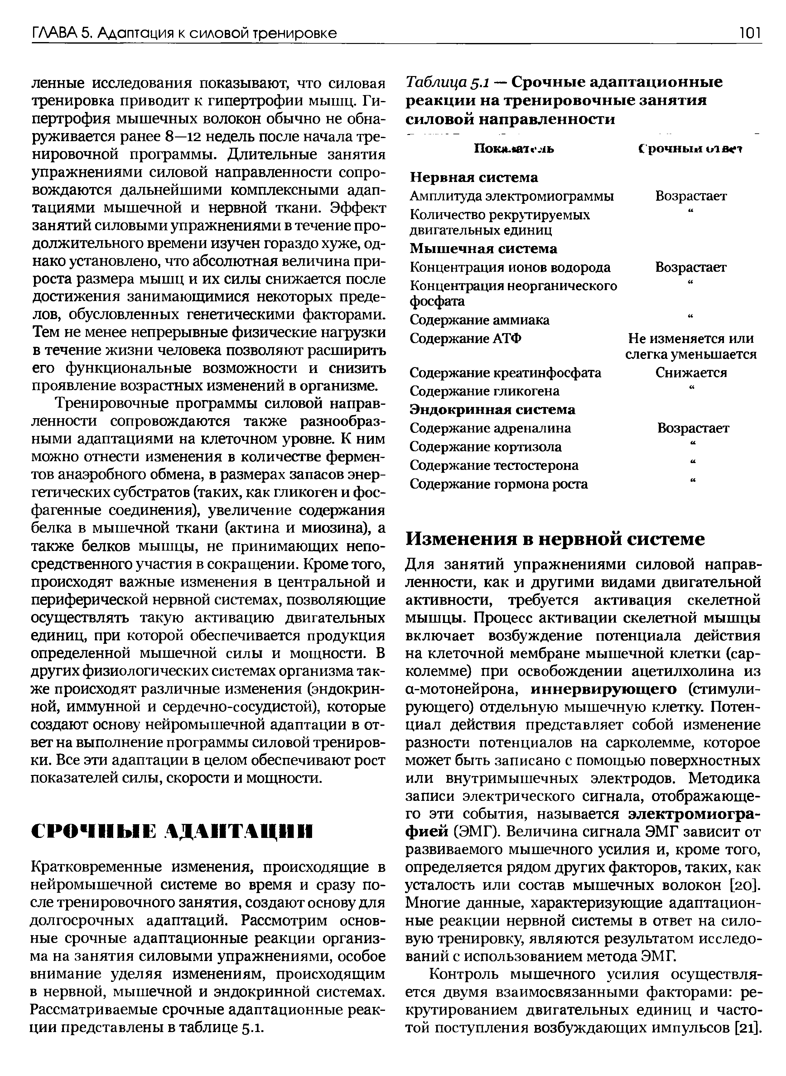 Таблица 5.1 — Срочные адаптационные реакции на тренировочные занятия силовой направленности...