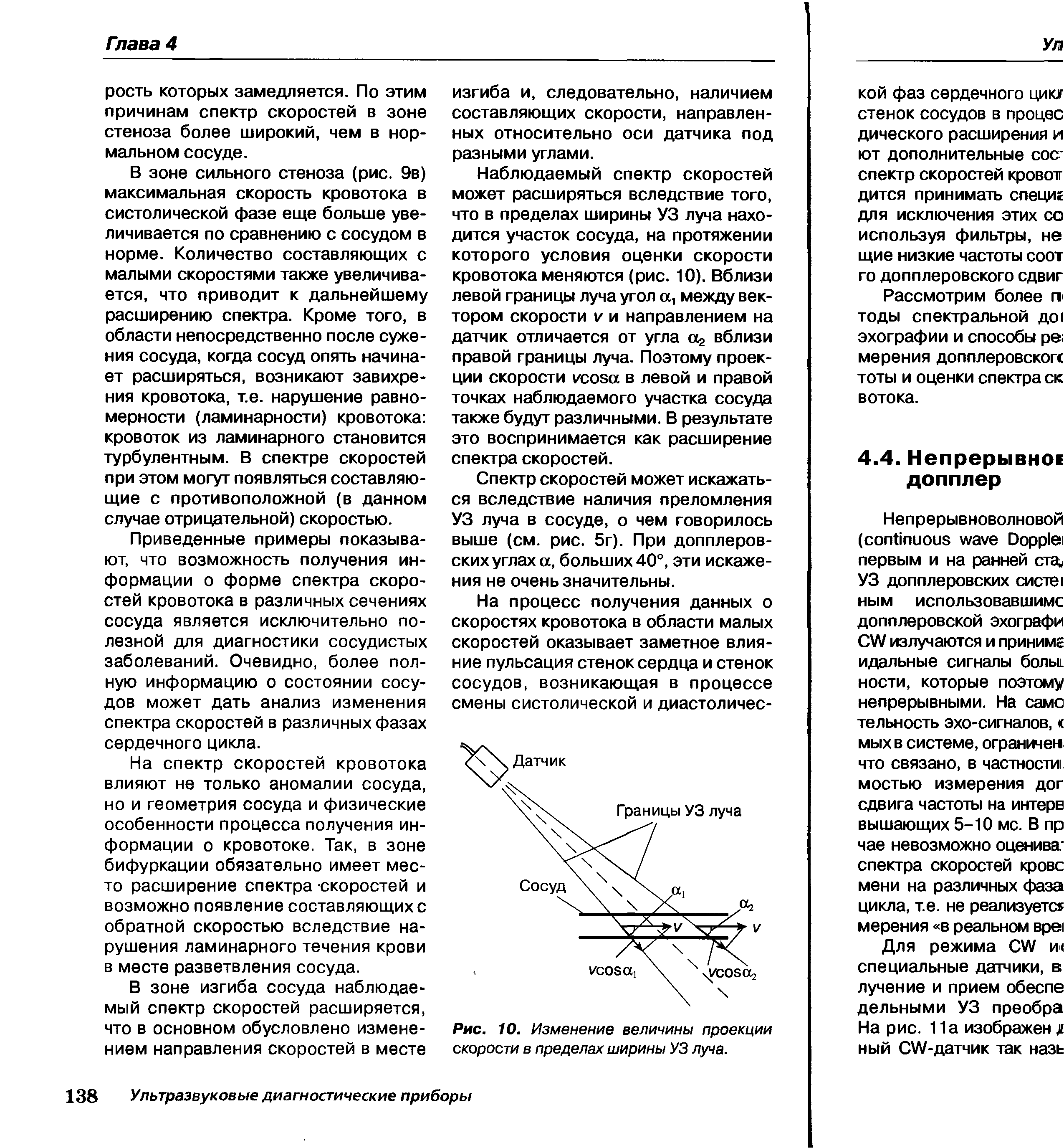 Рис. 10. Изменение величины проекции скорости в пределах ширины УЗ луча.