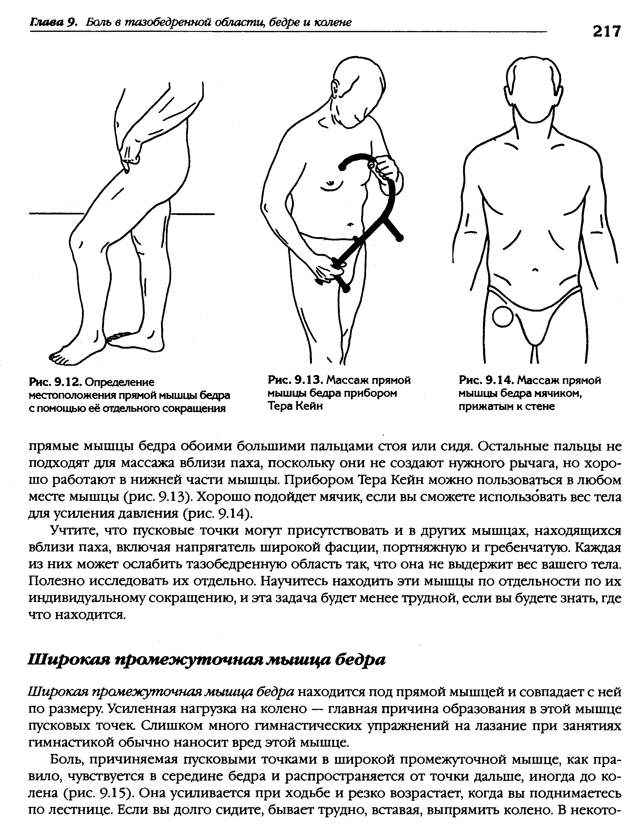 Рис. 9.14. Массаж прямой мышцы бедра мячиком, прижатым к стене...