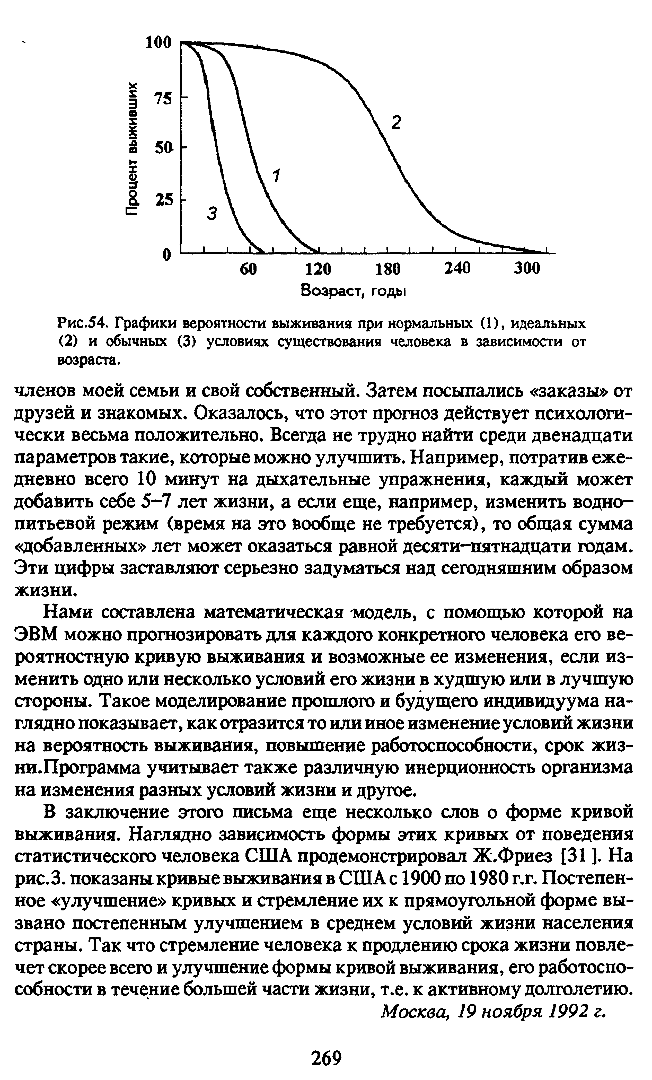 Рис.54. Графики вероятности выживания при нормальных (1), идеальных (2) и обычных (3) условиях существования человека в зависимости от возраста.