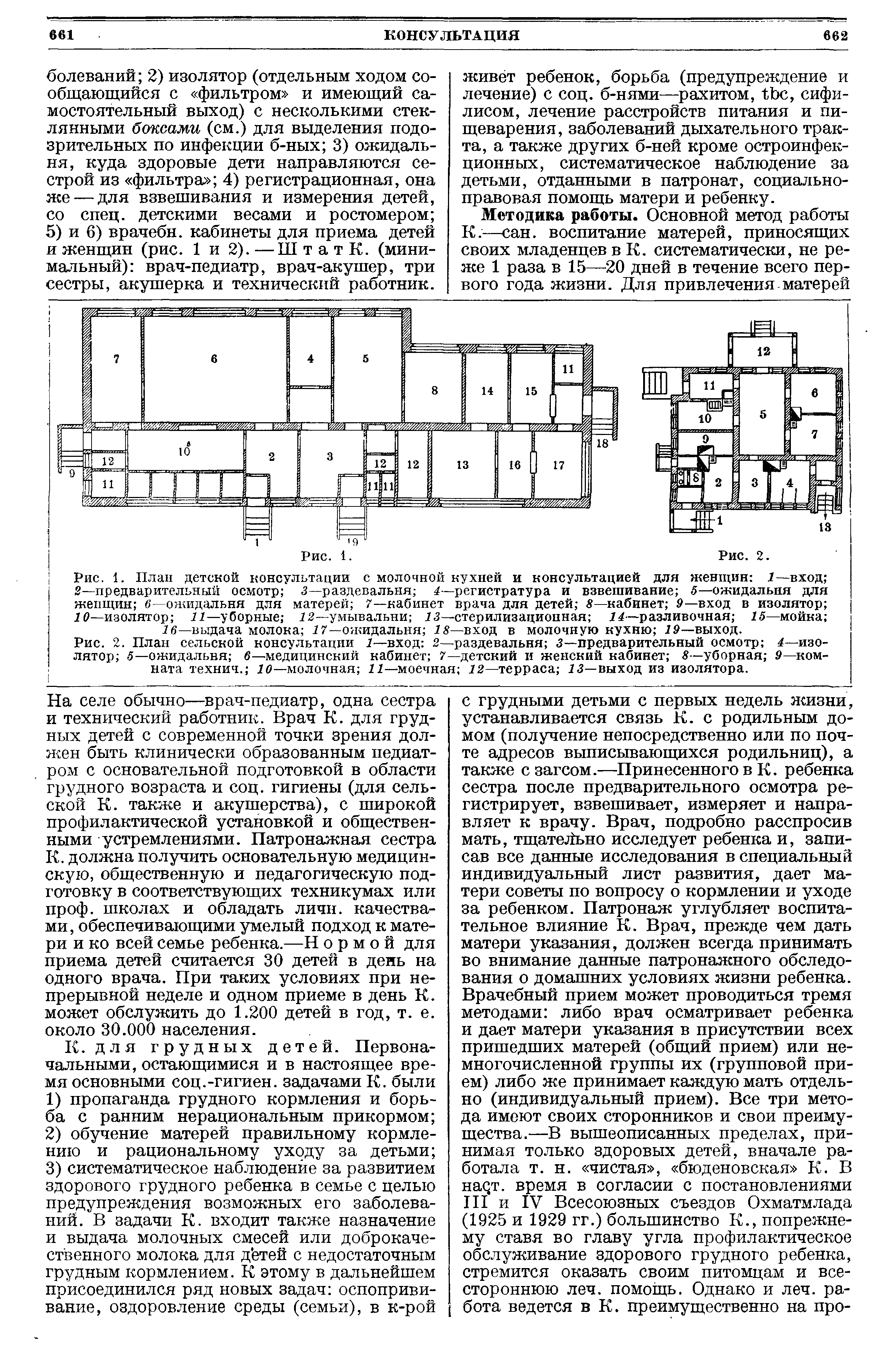 Рис. 1. План детской консультации с молочной кухней и консультацией для женщин 1—вход 2—предварительный осмотр 3—раздевальня 4—регистратура и взвешивание 5—ожидальня для женщин 6—ожидальня для матерей 7—кабинет врача для детей 8—кабинет 9—вход в изолятор 10—изолятор 11—уборные 12—умывальни 13—стерилизационная 14—разливочная 15—мойка ...