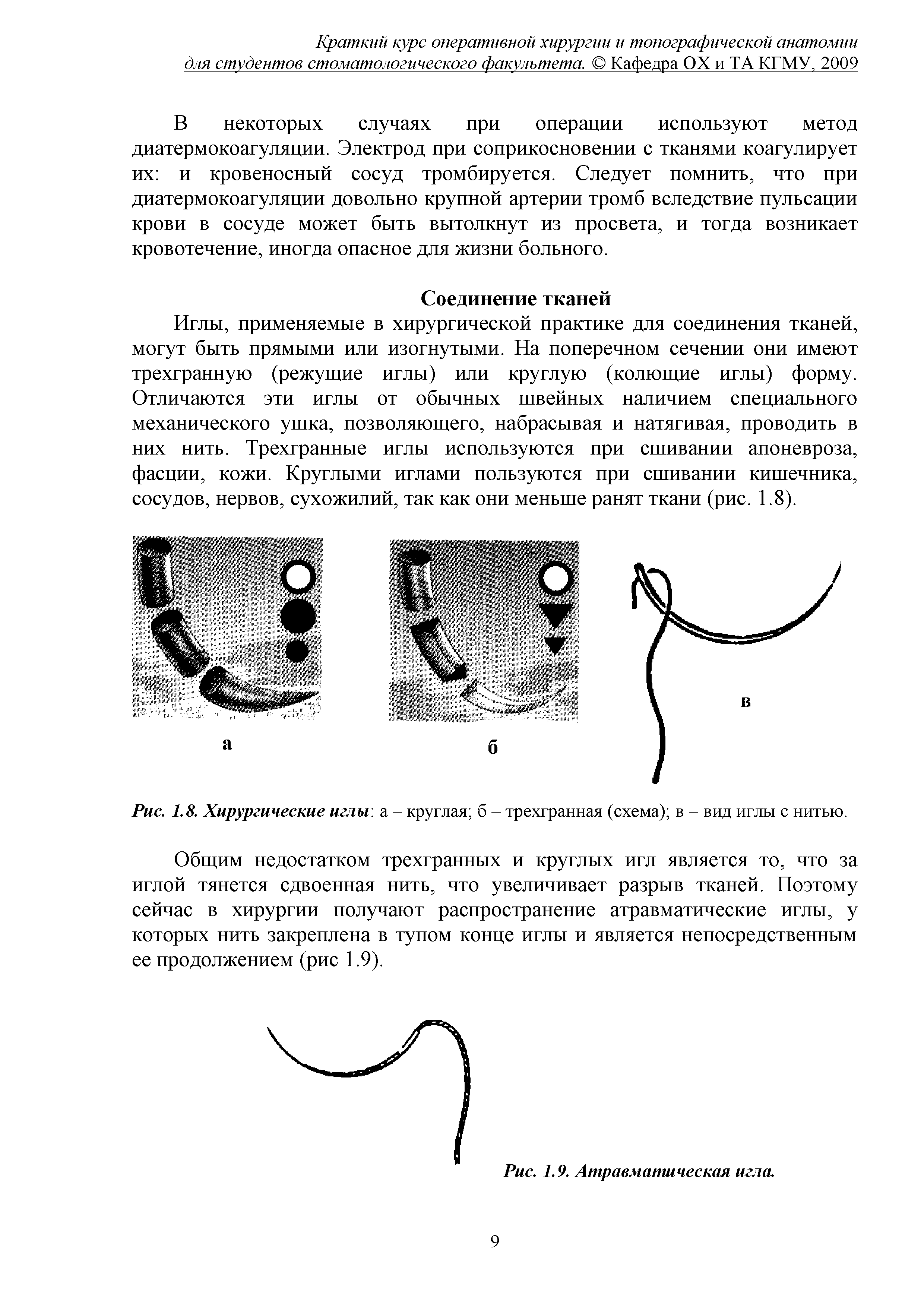 Рис. 1.8. Хирургические иглы, а - круглая б - трехгранная (схема) в - вид иглы с нитью.