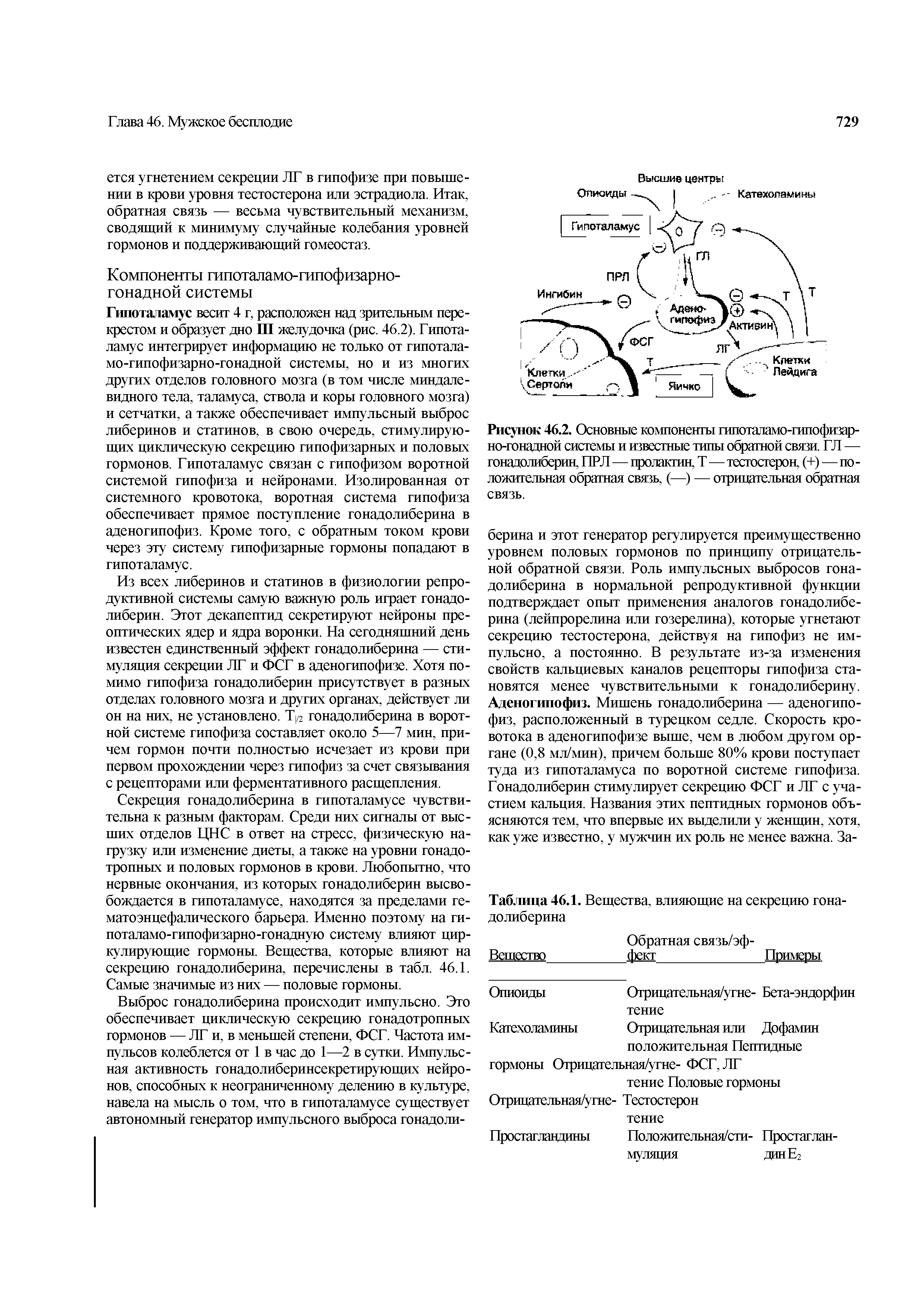 Рисунок 46.2. Основные компоненты гипоталамо-гипофизар-но-гонадной системы и известные типы обратной связи. ГЛ — гонадолиберин, ИРЛ — пролактин. Т—тестостерон, (+)—положительная обратная связь, (—) — отрицательная обратная связь.