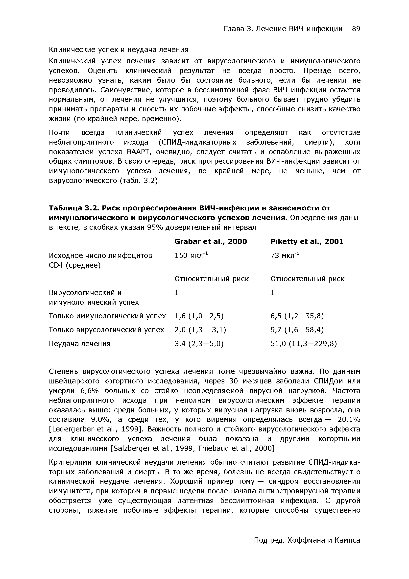 Таблица 3.2. Риск прогрессирования ВИЧ-инфекции в зависимости от иммунологического и вирусологического успехов лечения. Определения даны в тексте, в скобках указан 95% доверительный интервал...