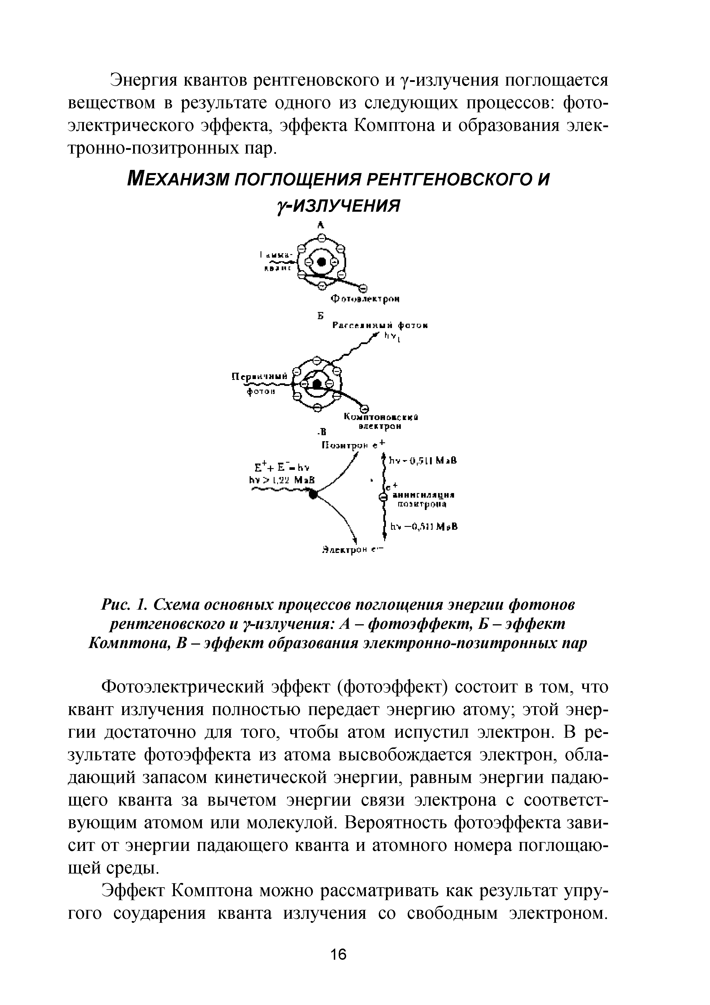 Рис. 1. Схема основных процессов поглощения энергии фотонов рентгеновского и у-излучения А - фотоэффект, Б - эффект Комптона, В - эффект образования электронно-позитронных пар...