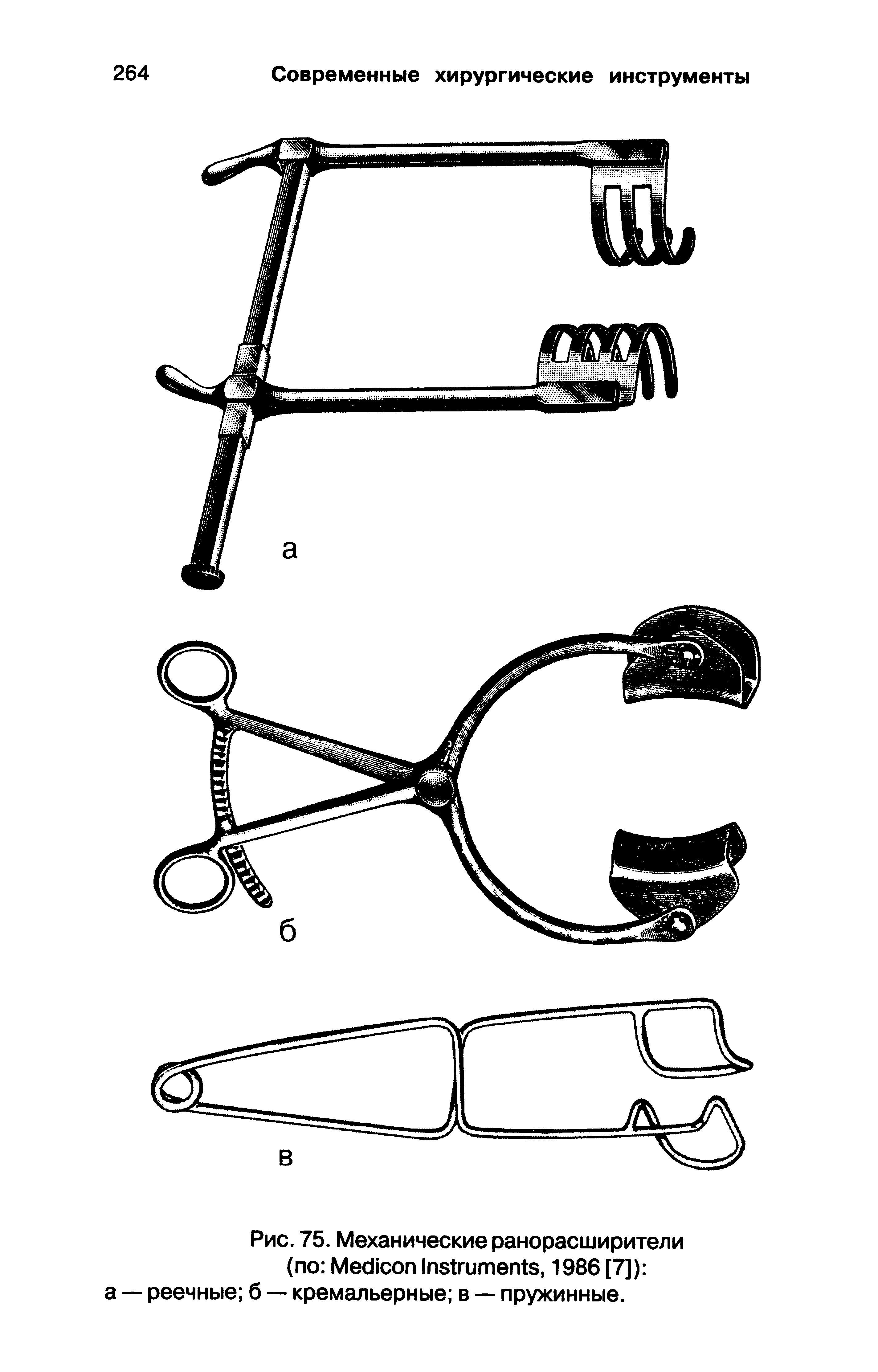 Рис. 75. Механические ранорасширители (по M I , 1986 [7]) а — реечные б — кремальерные в — пружинные.