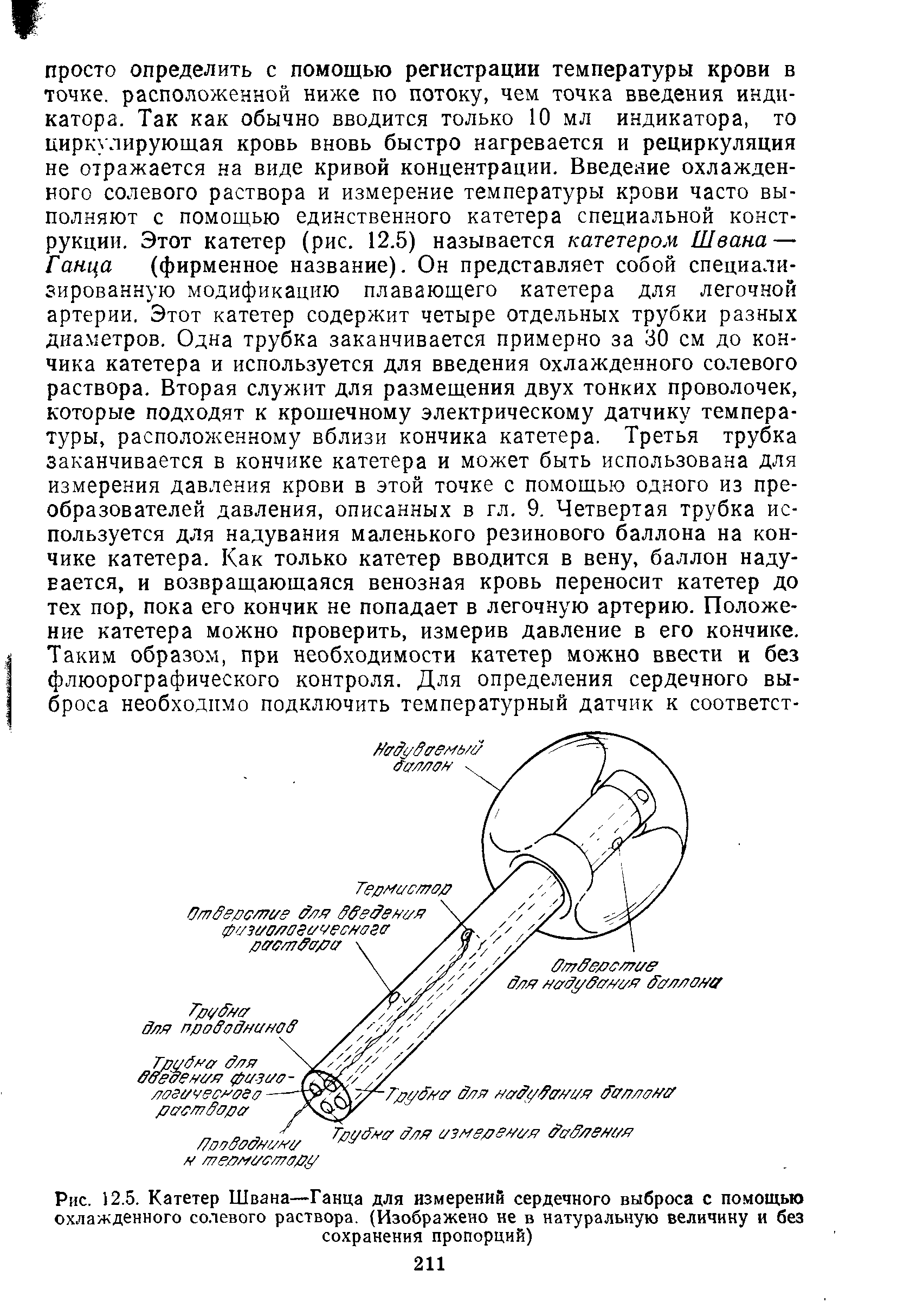 Рис. 12.5. Катетер Швана—Ганца для измерений сердечного выброса с помощью охлажденного солевого раствора. (Изображено не в натуральную величину и без сохранения пропорций)...