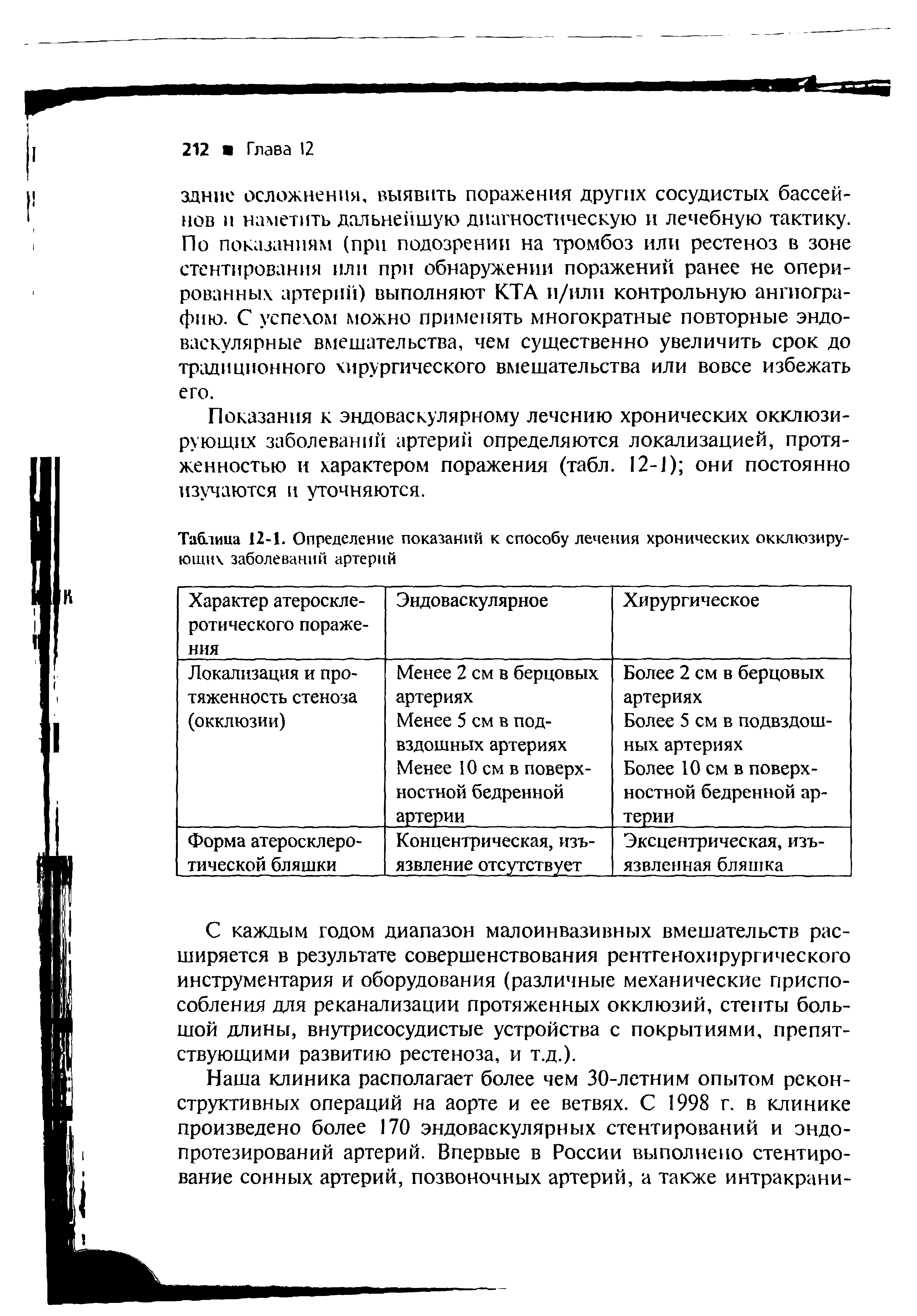Таблица 12-Е Определение показаний к способу лечения хронических окклюзиру-ющи заболеваний артерий...