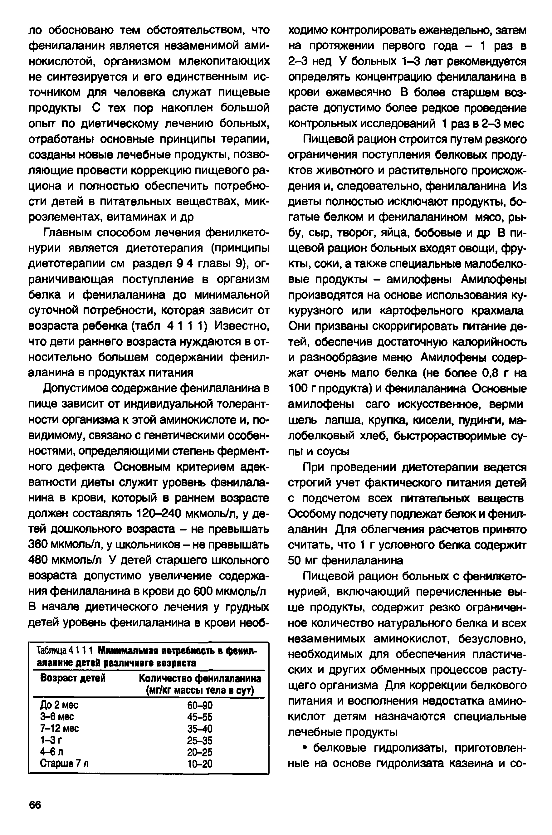 Таблица 4111 Минимальная потребность в фенилаланине детей различного возраста ...