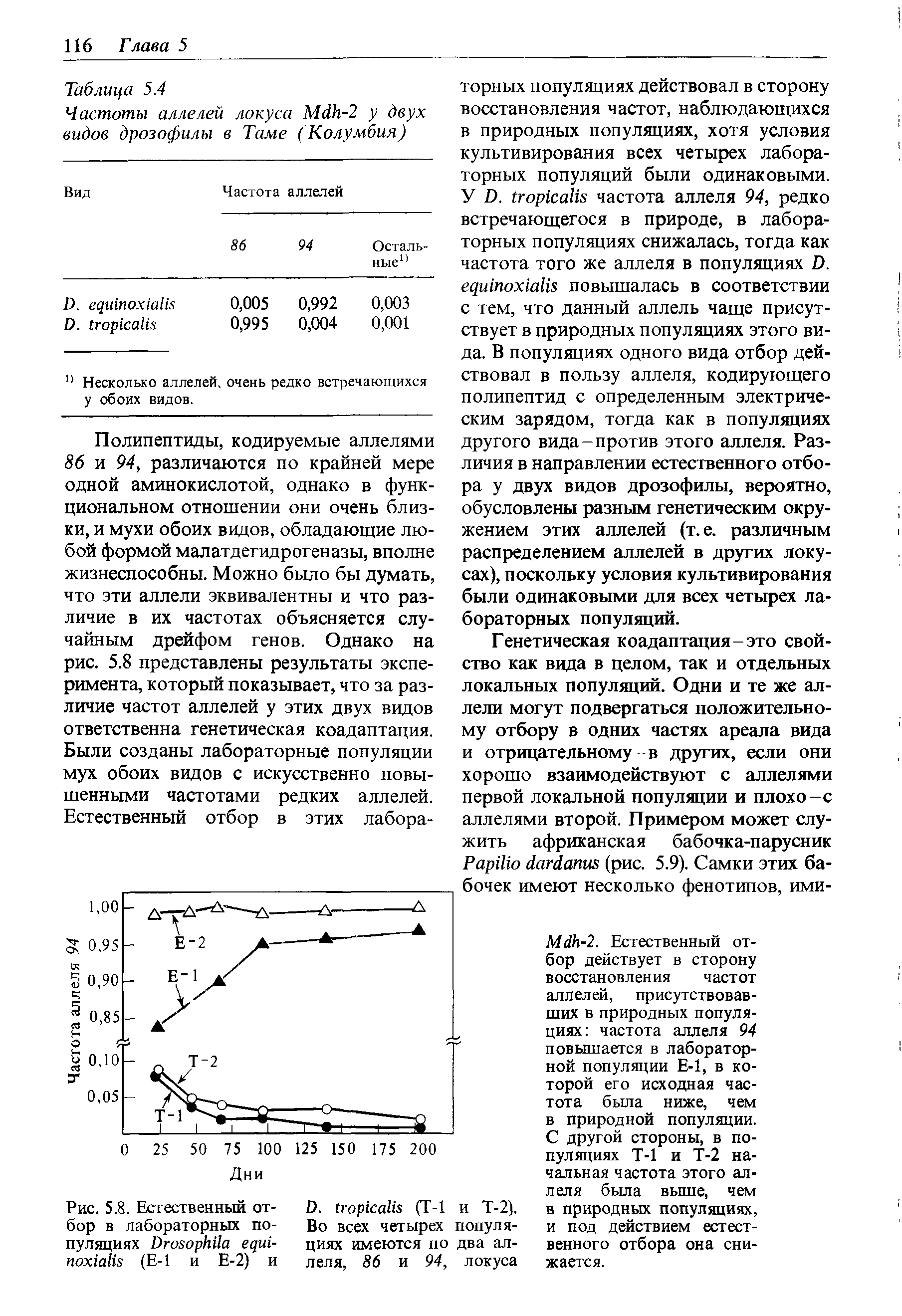 Рис. 5.8. Естественный отбор в лабораторных популяциях D (Е-1 и Е-2) и...