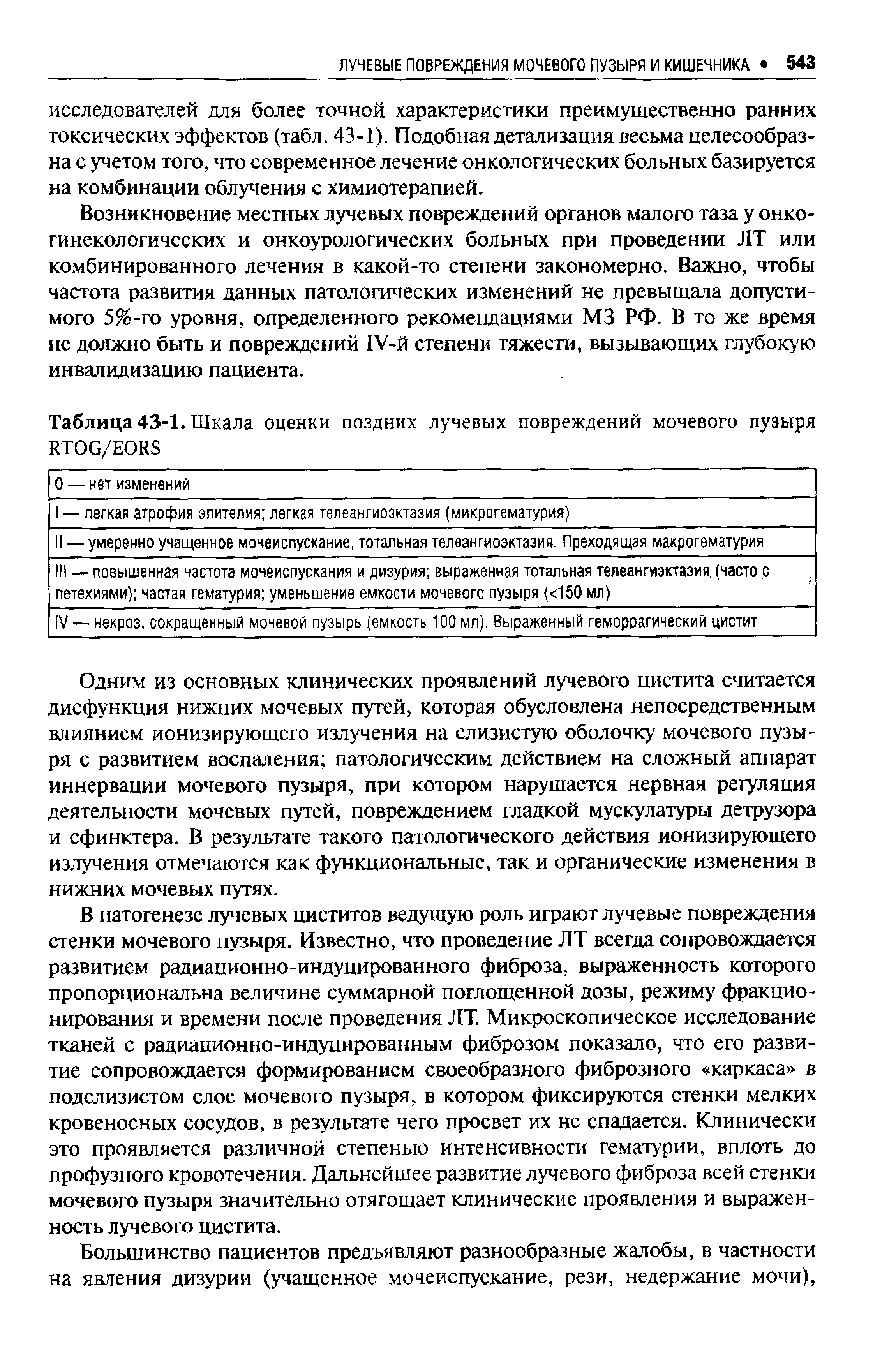 Таблица 43-1. Шкала оценки поздних лучевых повреждений мочевого пузыря RTOG/EORS...