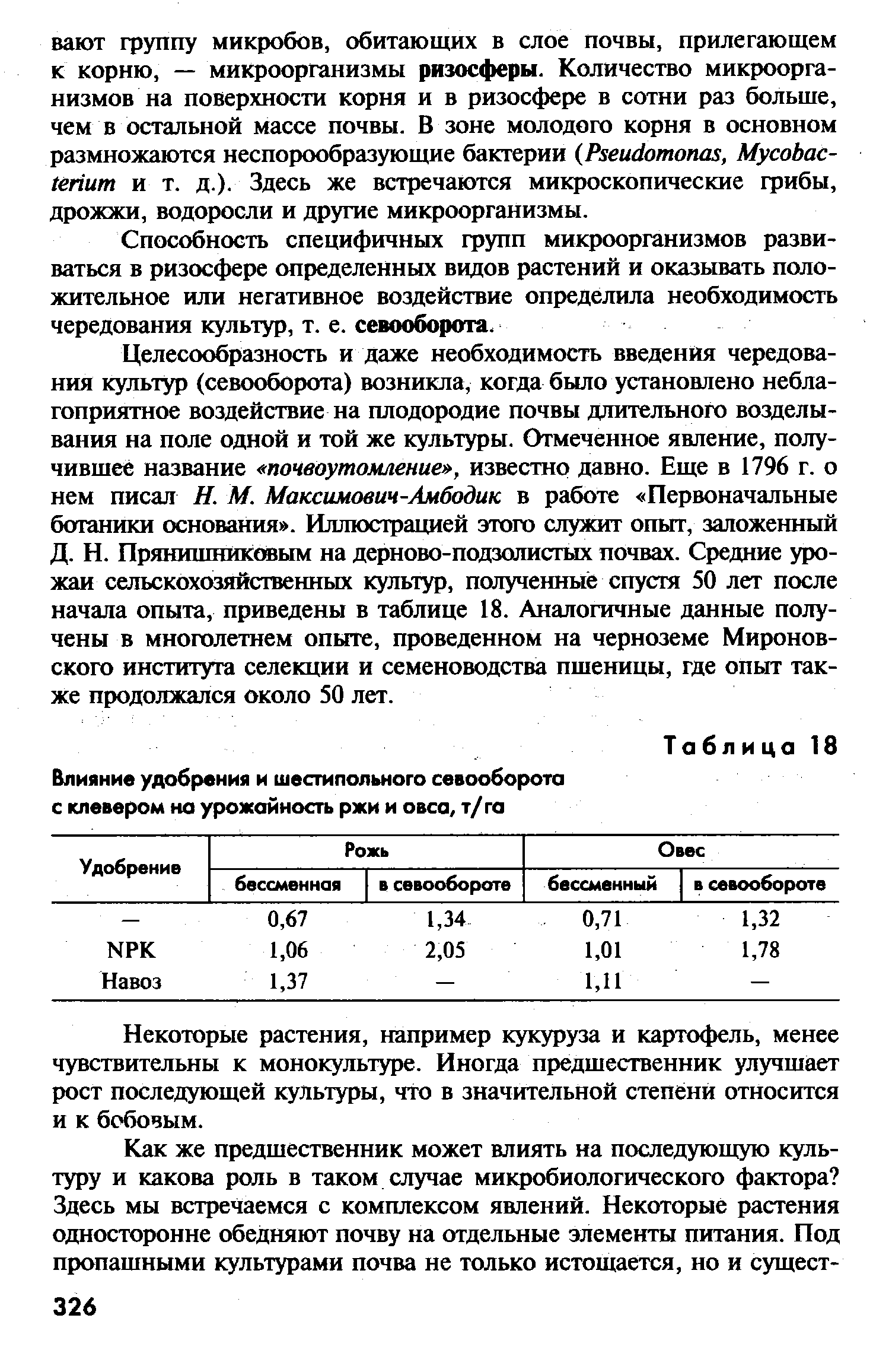 Таблица18 Влияние удобрения и шестипольного севооборота с клевером на урожайность ржи и овса, т/га...