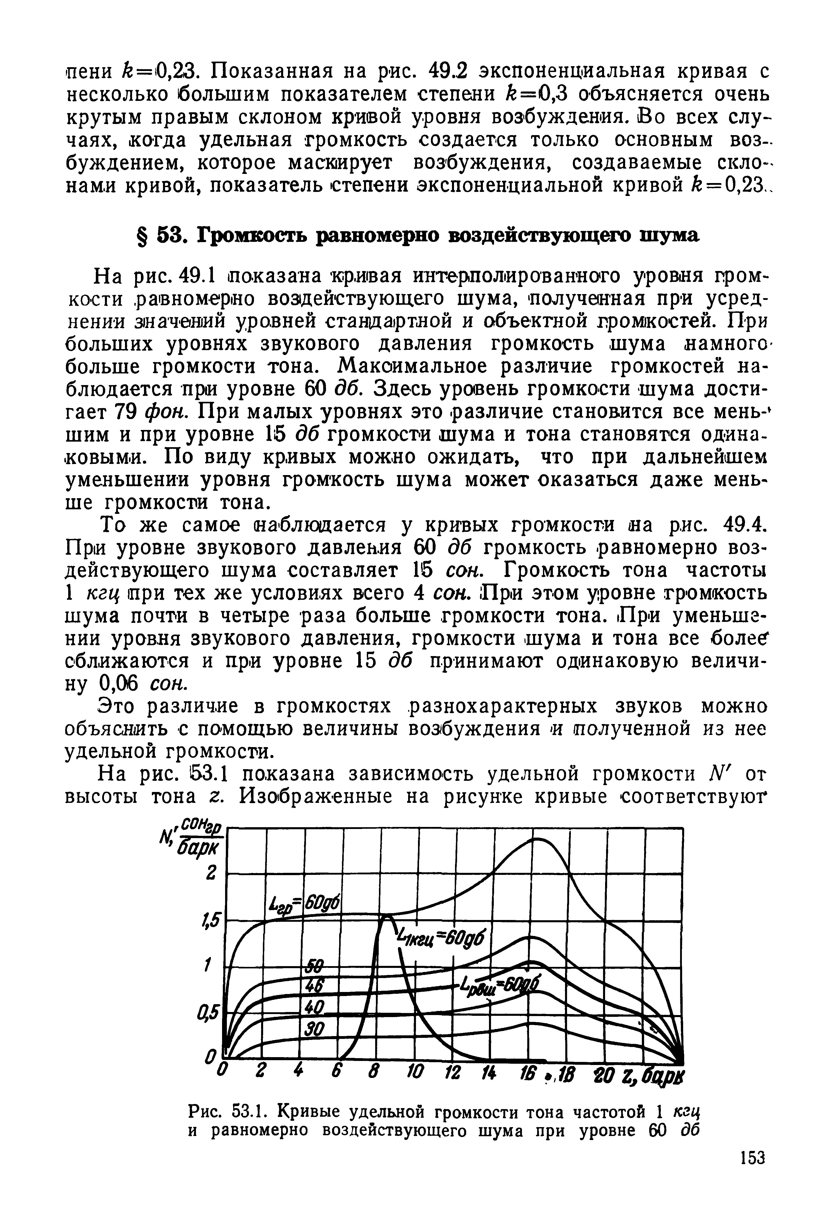 Рис. 53.1. Кривые удельной громкости тона частотой 1 юц и равномерно воздействующего шума при уровне 60 дб...