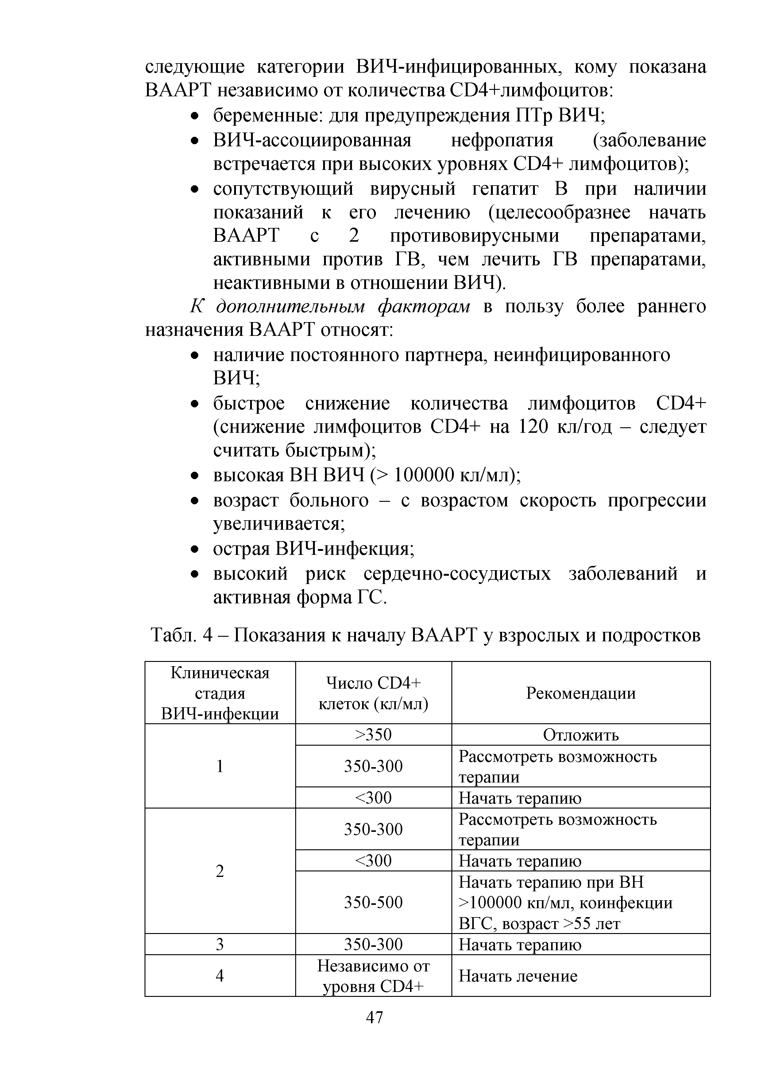 Табл. 4 - Показания к началу ВААРТ у взрослых и подростков...