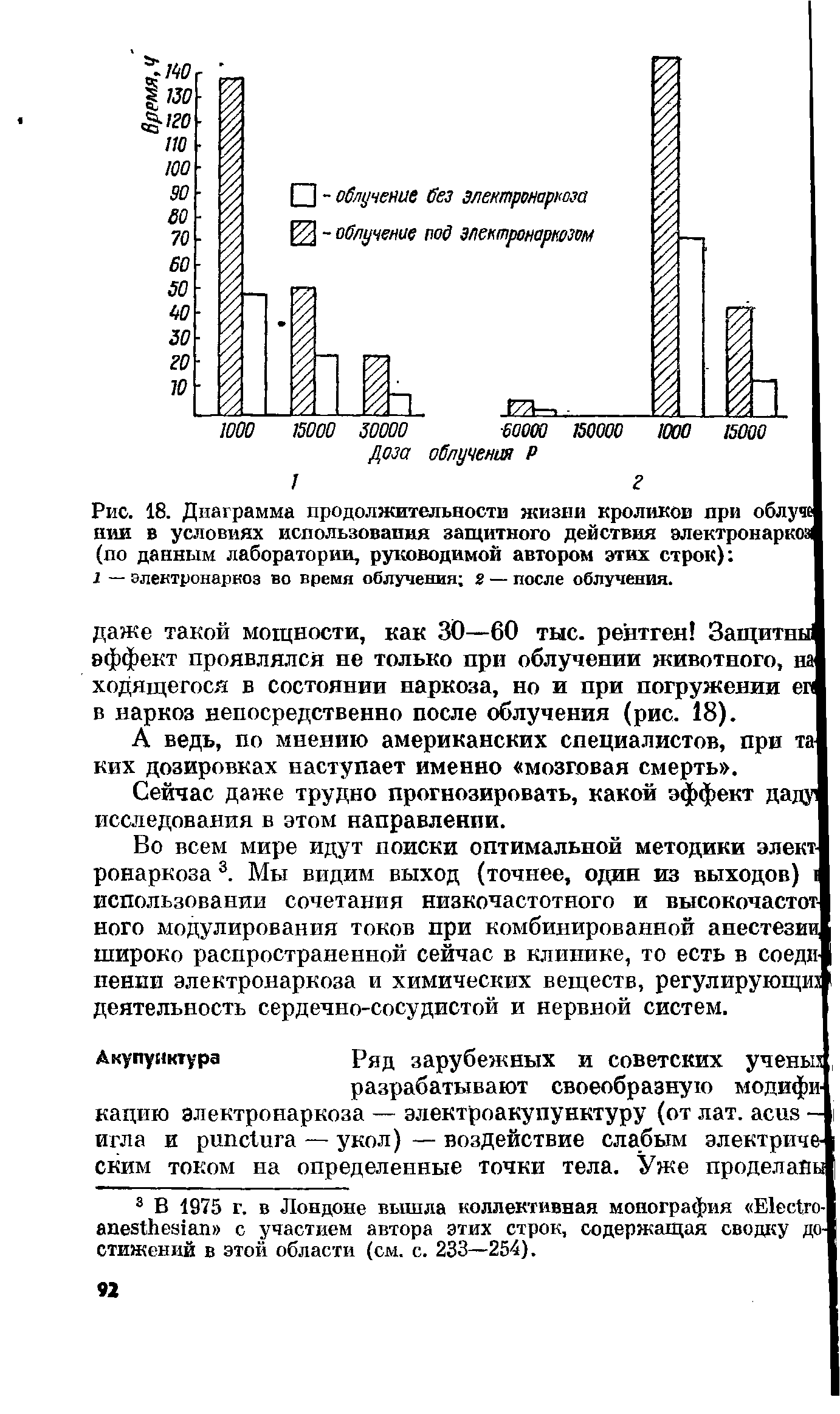 Рис. 18. Диаграмма продолжительности жизни кроликов при облу нии в условиях использования защитного действия электронаркоз (по данным лаборатории, руководимой автором этих строк) ...