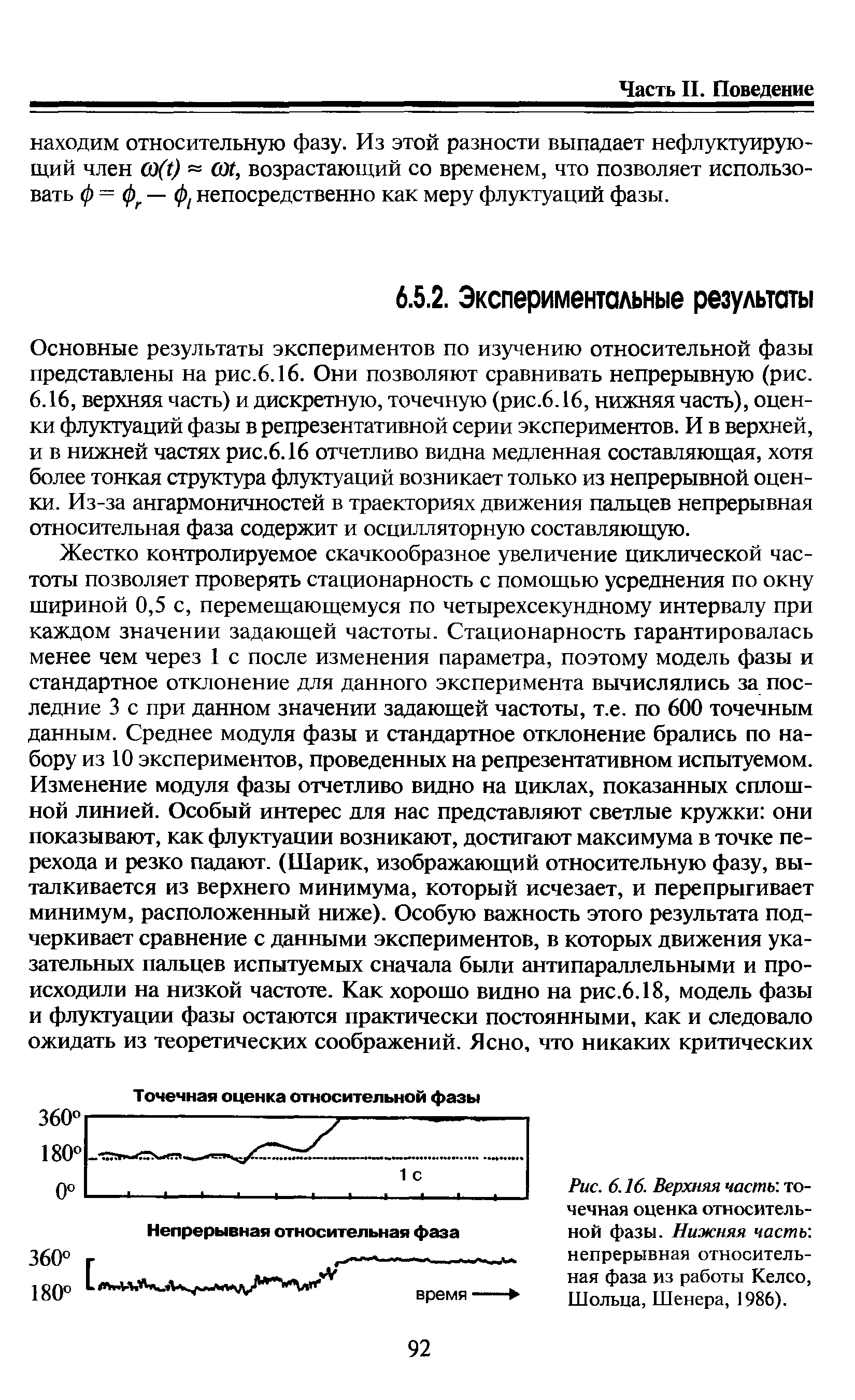 Рис. 6.16. Верхняя часть точечная оценка относительной фазы. Нижняя часть непрерывная относительная фаза из работы Келсо, Шольца, Шенера, 1986).