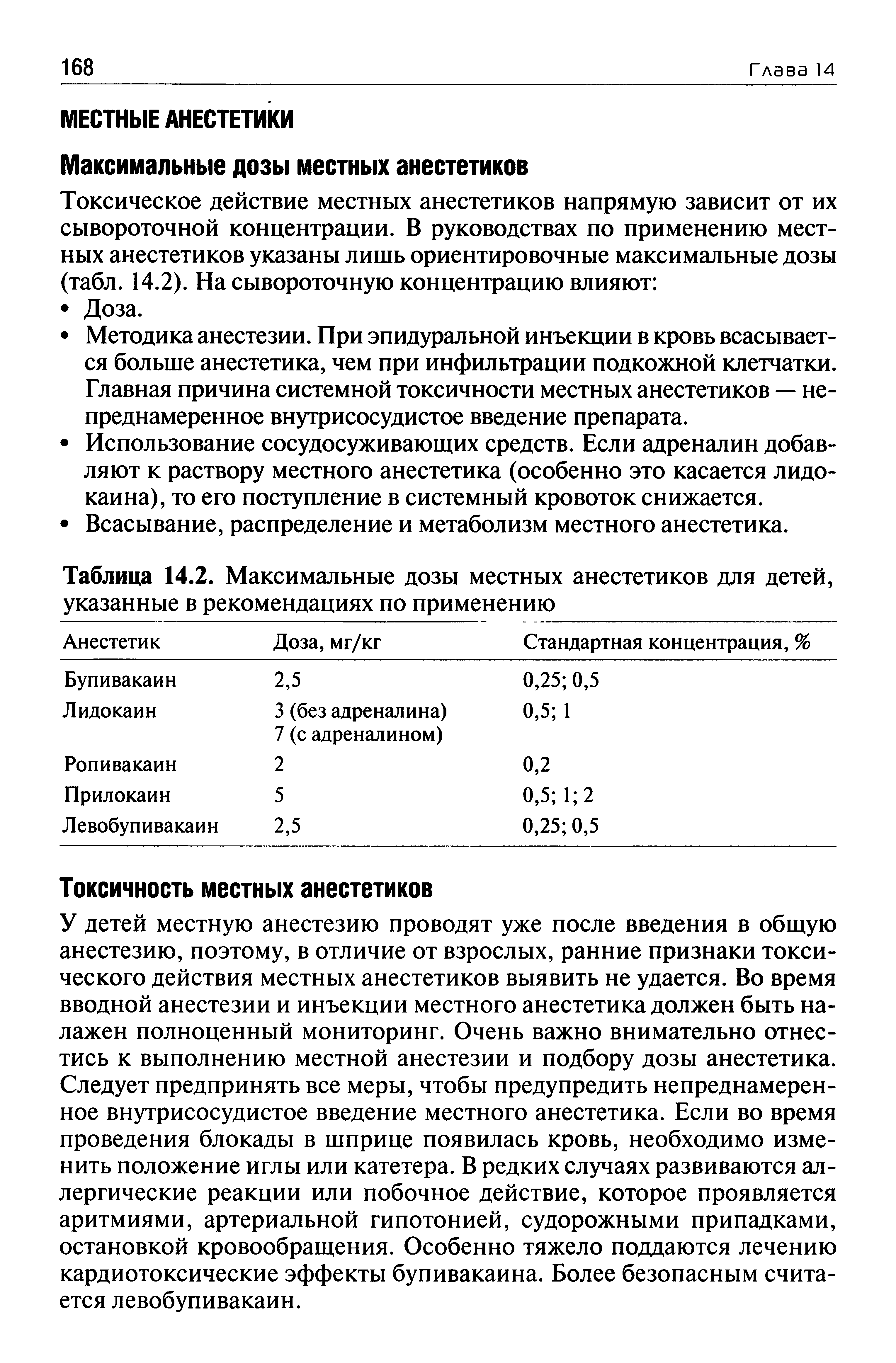 Таблица 14.2. Максимальные дозы местных анестетиков для детей, указанные в рекомендациях по применению...