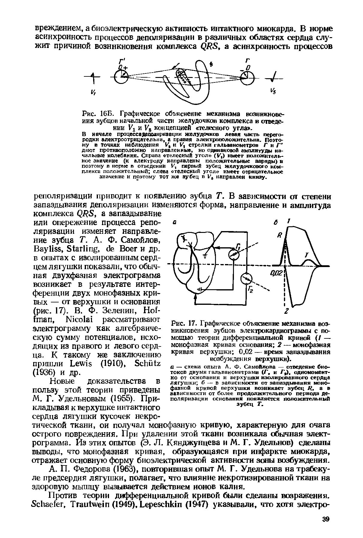 Рис. 17. Графическое объяснение механизма возникновения зубцов электрокардиограммы с помощью теории дифференциальной кривой (/ — монофазная кривая основания 2 — монофазная кривая верхушки 0,02 — время запаздывания возбуждения верхушки).