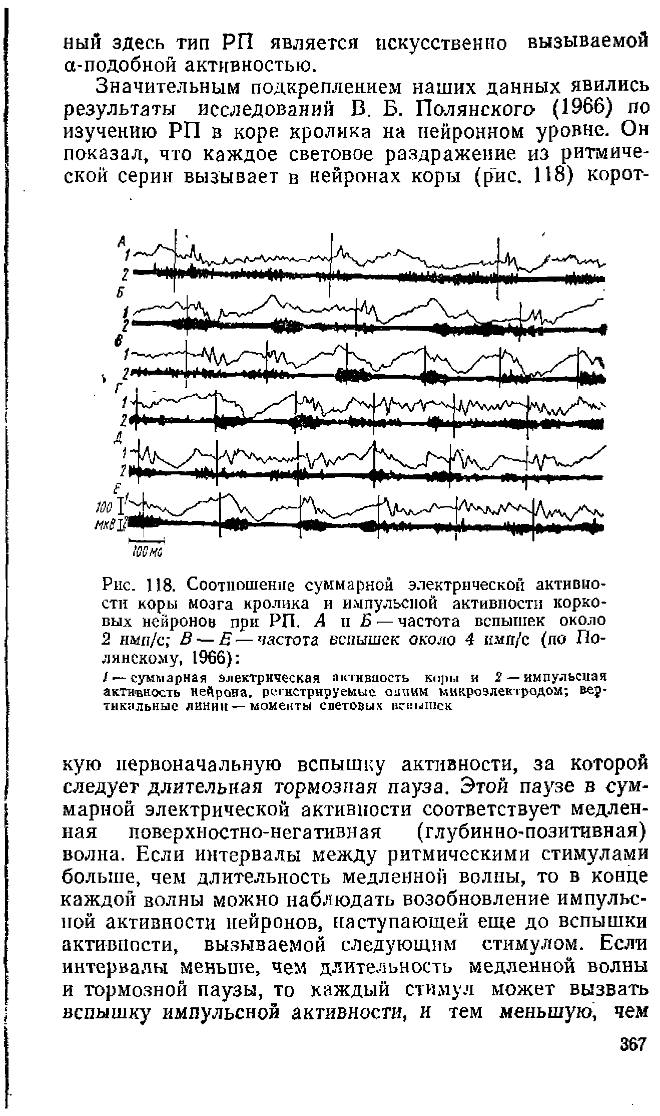 Рис. 118. Соотношение суммарной электрической активности коры мозга кролика и импульсной активности корковых нейронов при РП. А и Б - частота вспышек около 2 имп/с В — Е — частота вспышек около 4 имп/с (но Полянскому, 1966) ...