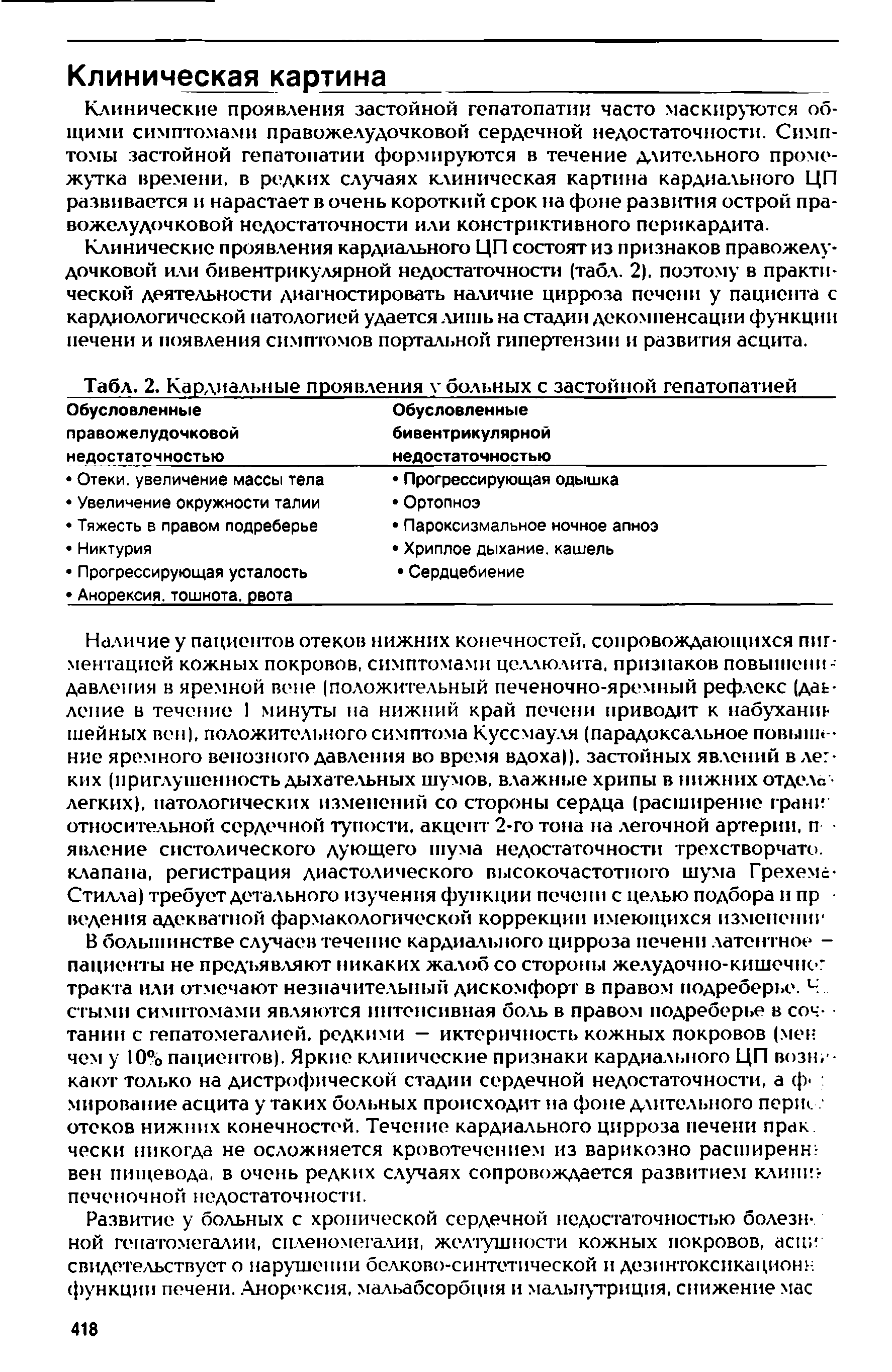 Табл. 2. Кардиальные проявления у больных с застойной гепатопатией Обусловленные Обусловленные...