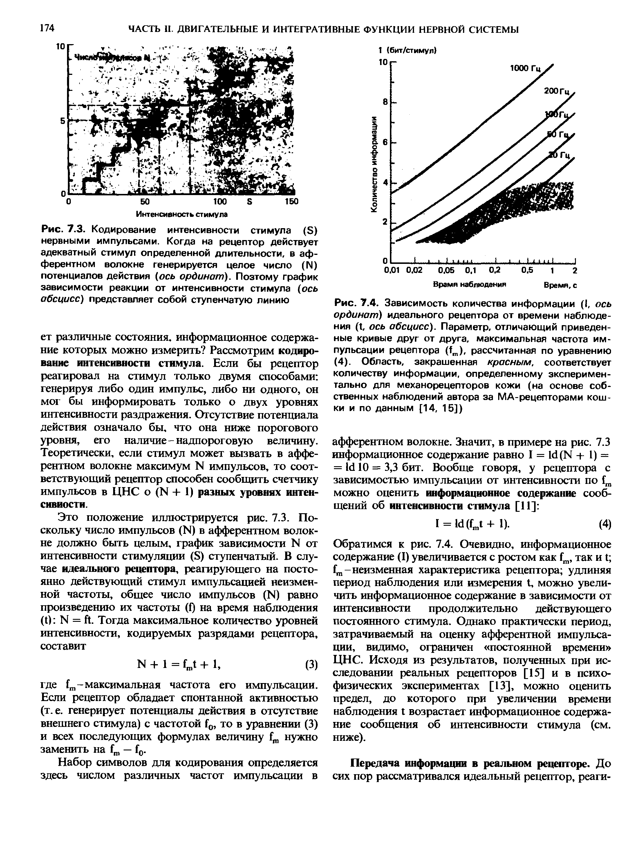 Рис. 7.3. Кодирование интенсивности стимула (Б) нервными импульсами. Когда на рецептор действует адекватный стимул определенной длительности, в афферентном волокне генерируется целое число (Ь1) потенциалов действия (ось ординат). Поэтому график зависимости реакции от интенсивности стимула (ось абсцисс) представляет собой ступенчатую линию...