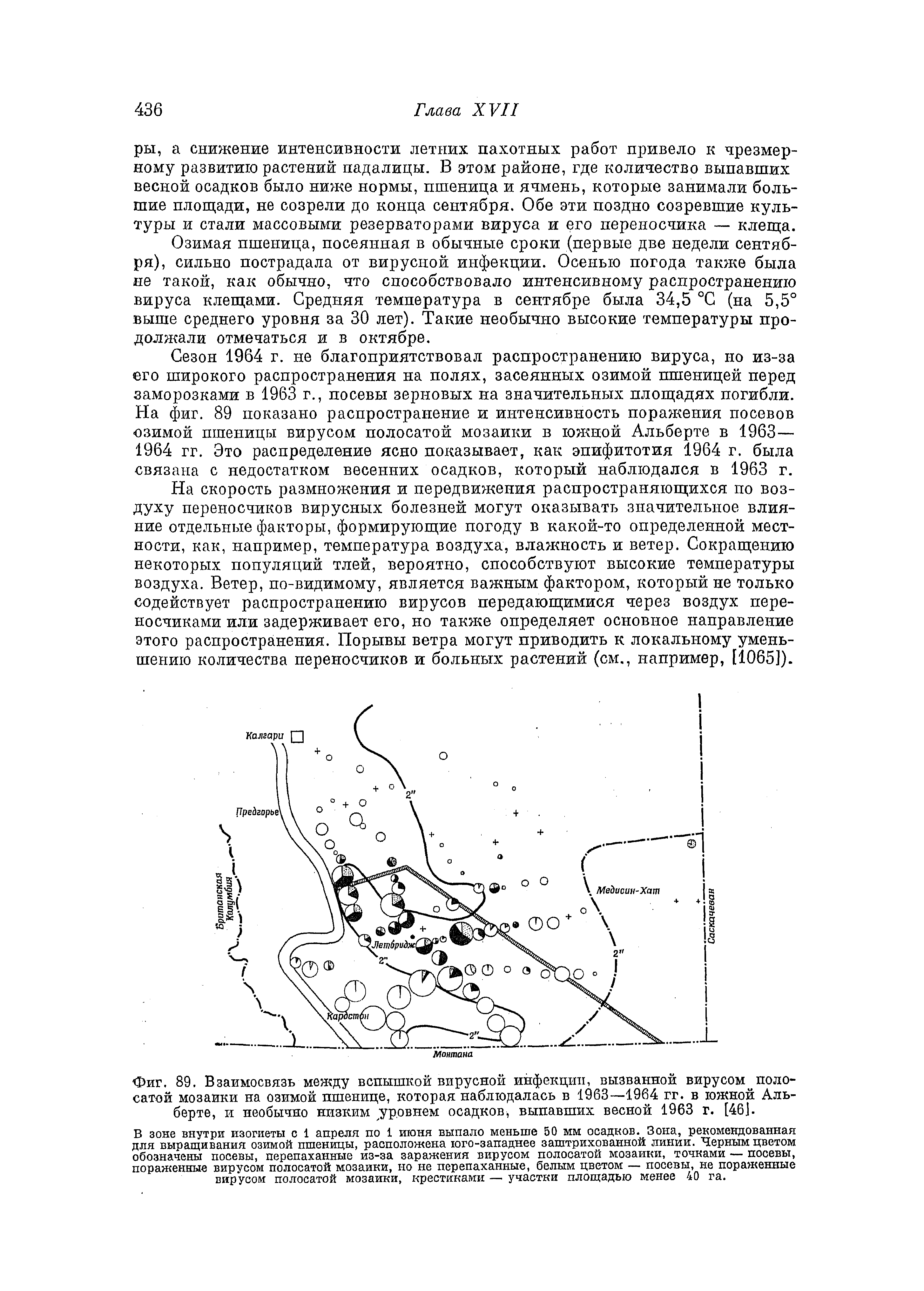 Фиг. 89. Взаимосвязь между вспышкой вирусной инфекции, вызванной вирусом, полосатой мозаики на озимой пшенице, которая наблюдалась в 1963—1964 гг. в южной Альберте, и необычно низким уровнем осадков, выпавших весной 1963 г. [46].