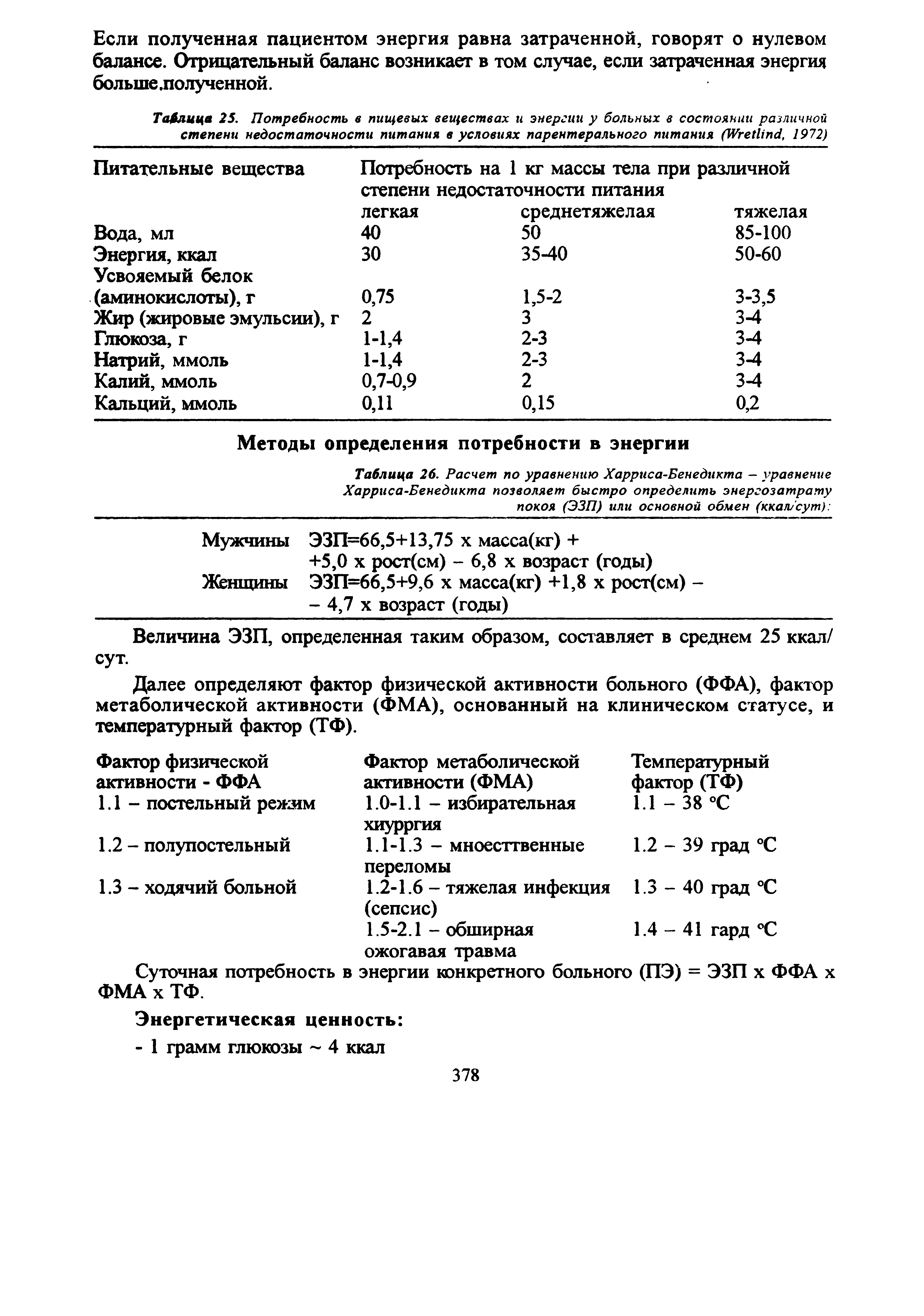 Таблица 26. Расчет по уравнению Харриса-Бенедикта - уравнение Харриса-Бенедикта позволяет быстро определить энергозатрату покоя (ЭЗП) или основной обмен (ккал/сут) ...