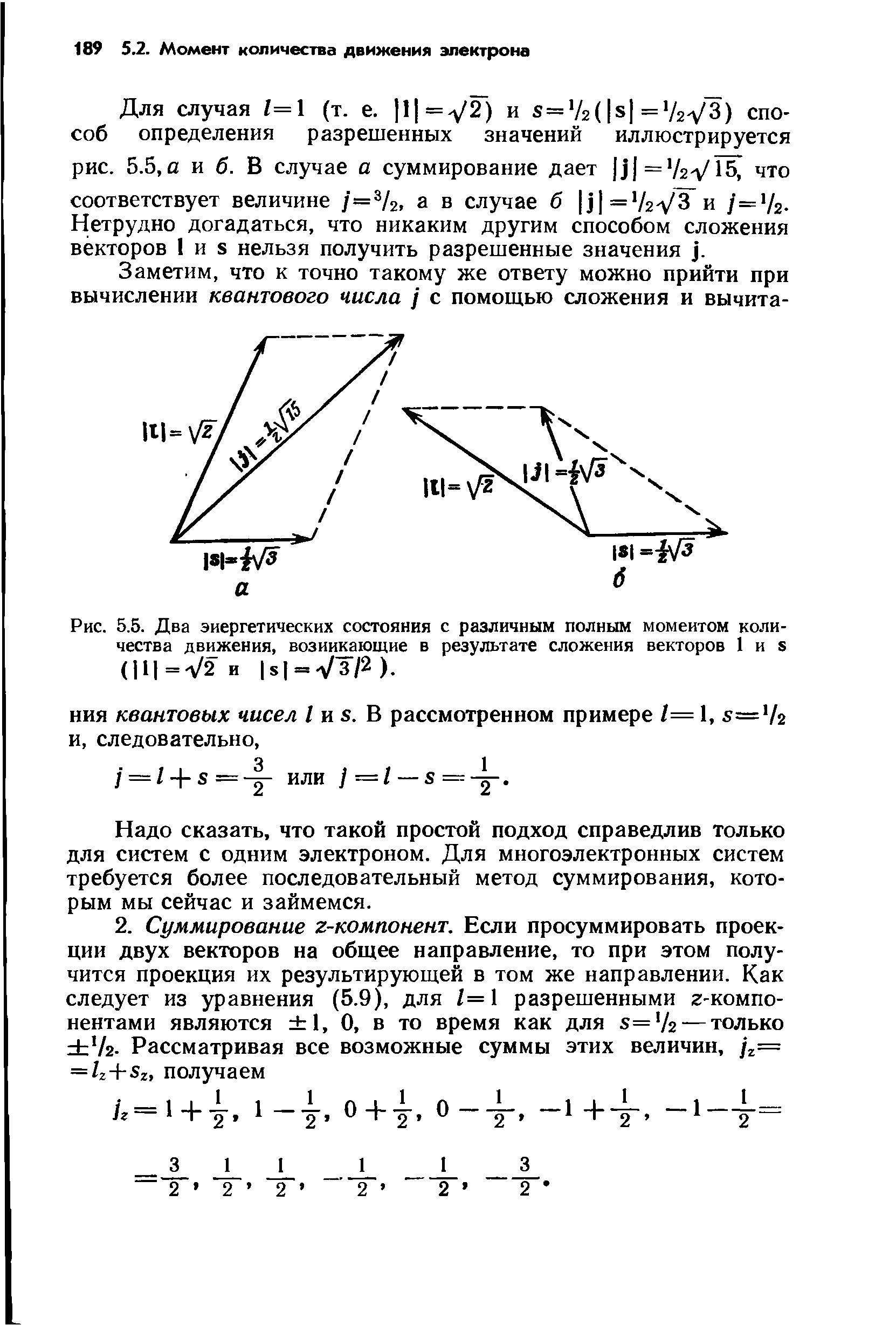 Рис. 5.5. Два энергетических состояния с различным полным моментом количества движения, возникающие в результате сложения векторов 1 и в (]1 =л/2 и 5 = л/з/2 ).