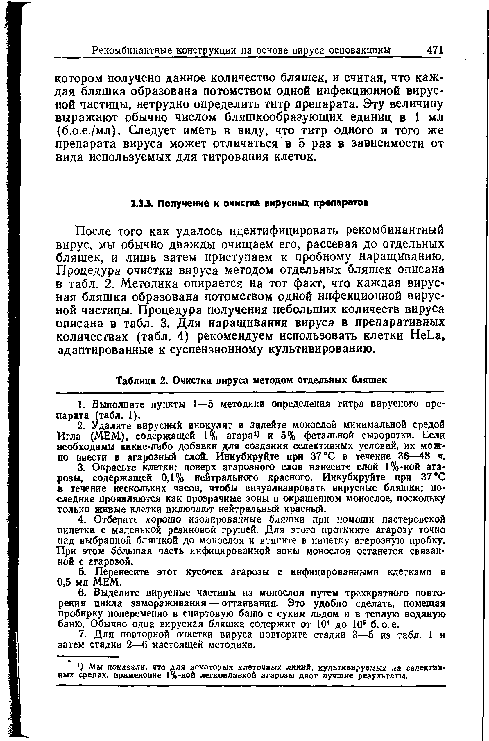 Таблица 2. Очистка вируса методом отдельных бляшек...