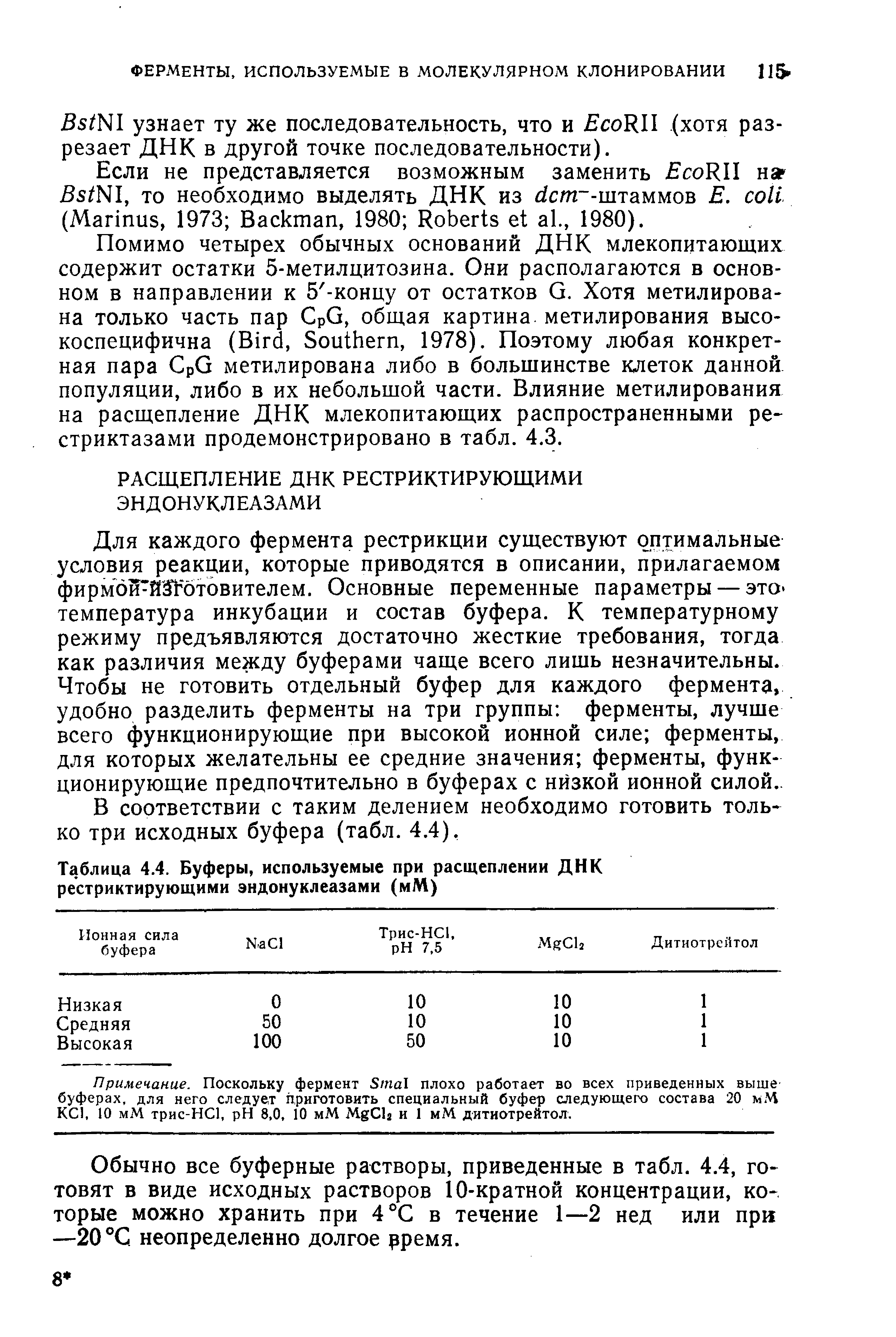 Таблица 4.4. Буферы, используемые при расщеплении ДНК рестриктирующими эндонуклеазами (мМ)...