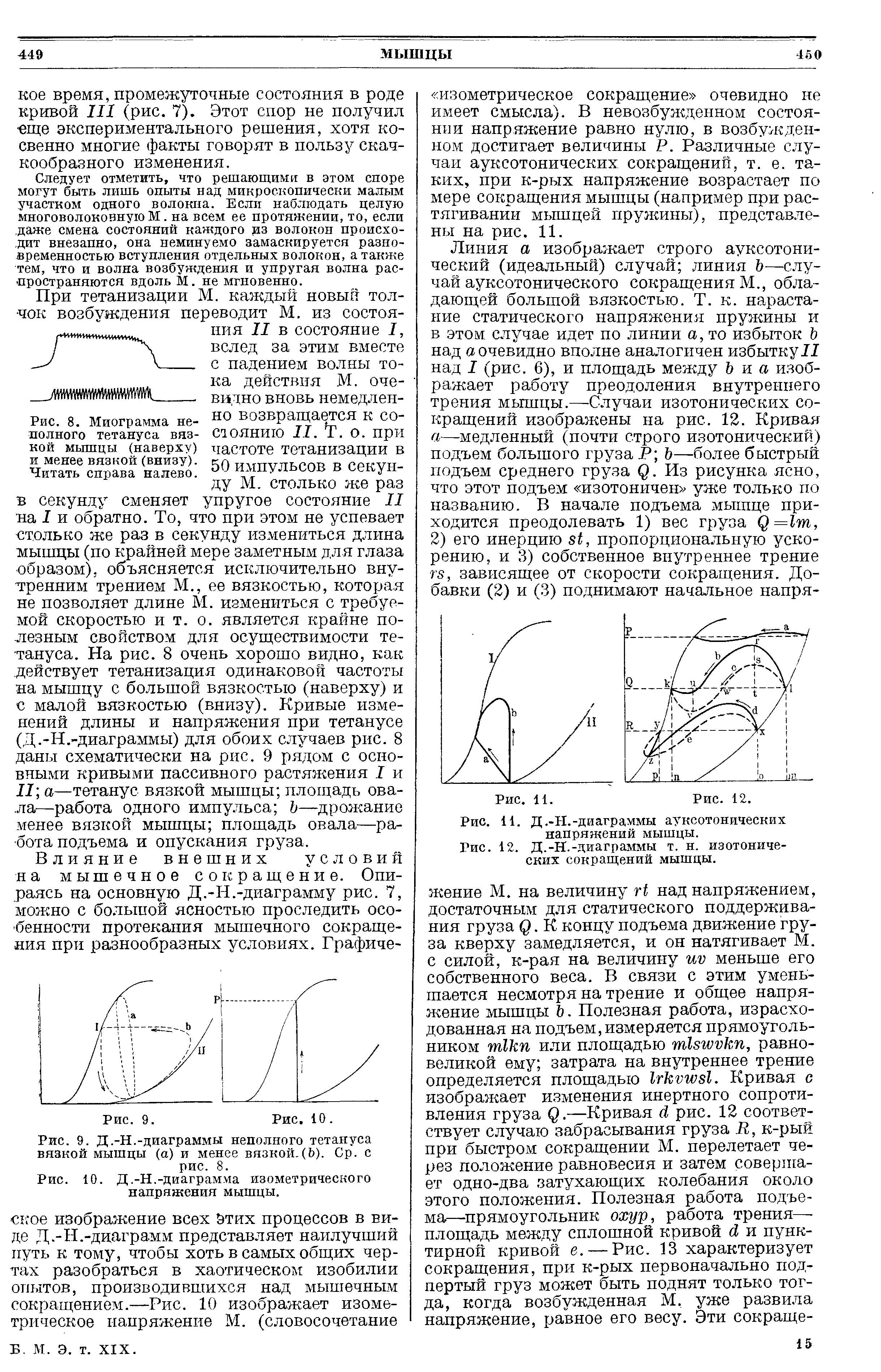 Рис. 8. Миограмма неполного тетануса вязкой мышцы (наверху) и менее вязкой (внизу) Читать справа налево...