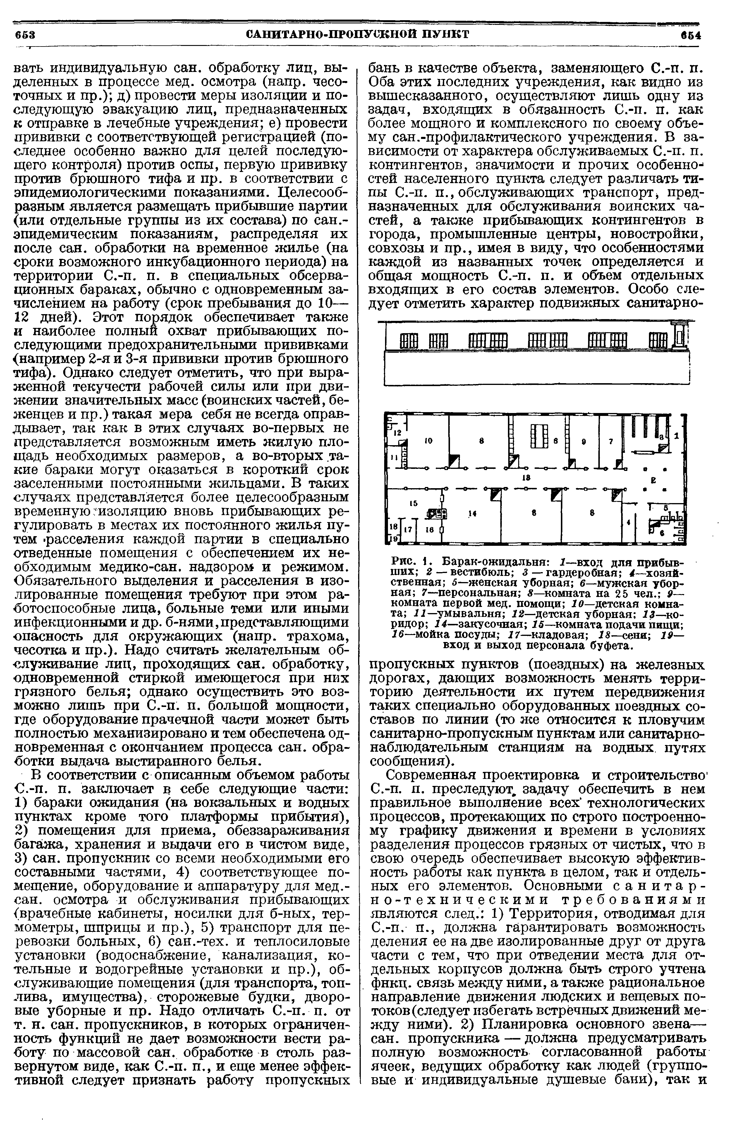 Рис. 1. Барак-ожидальня 1—вход для прибывших 2 — вестибюль 3 — гардеробная 4—хозяйственная 5—женская уборная 6—мужская уборная 7—персональная 8—комната на 25 чел. 9— комната первой мед. помощи Ю—детская комната 11—умывальня 12—детская уборная 13—коридор 14—закусочная 15—комната подачи пищи 16—мойка посуды п—кладовая 18—сени 19— вход и выход персонала буфета.