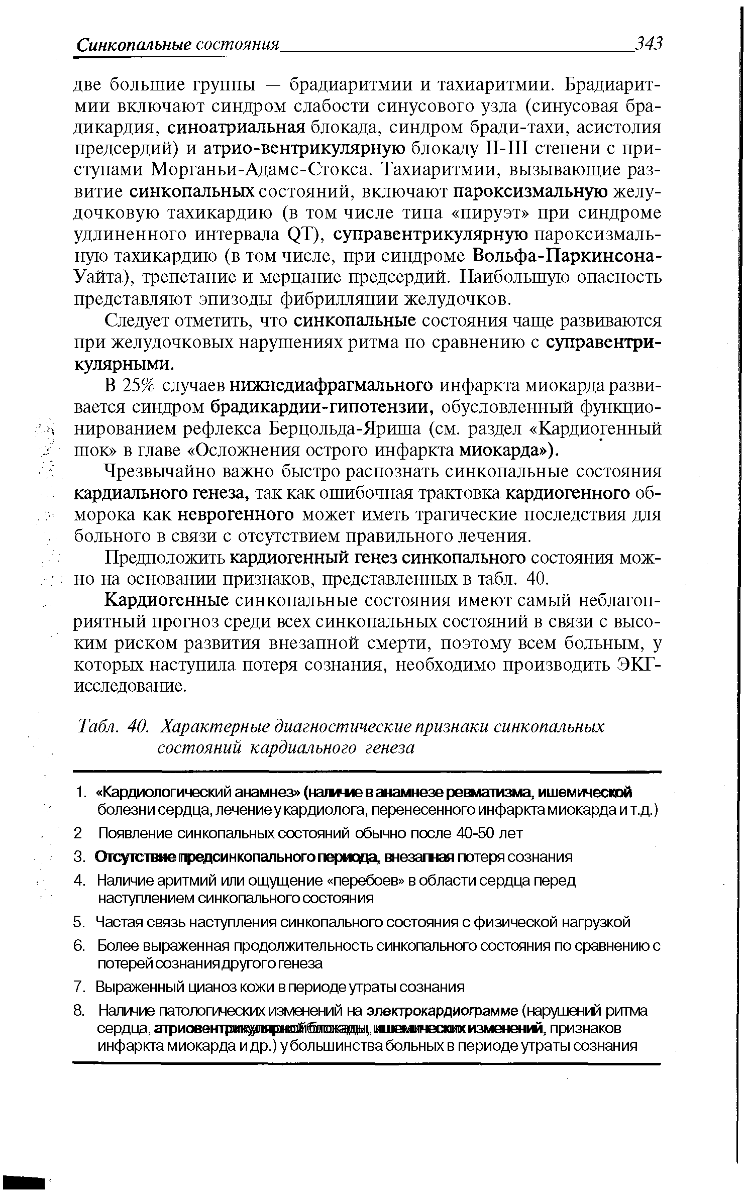 Табл. 40. Характерные диагностические признаки синкопальных состояний кардиального генеза...